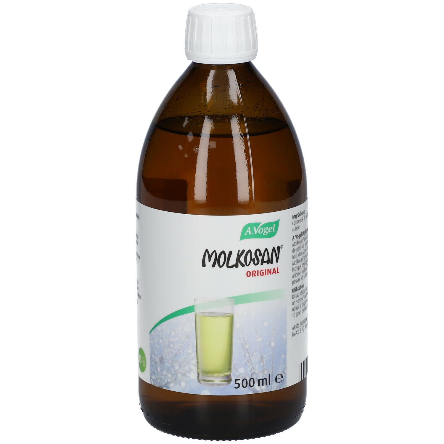 Bouteille en verre brun avec bouchon blanc. Inscription: Molkosan Original. Illustration d'une boisson. 500 ml.