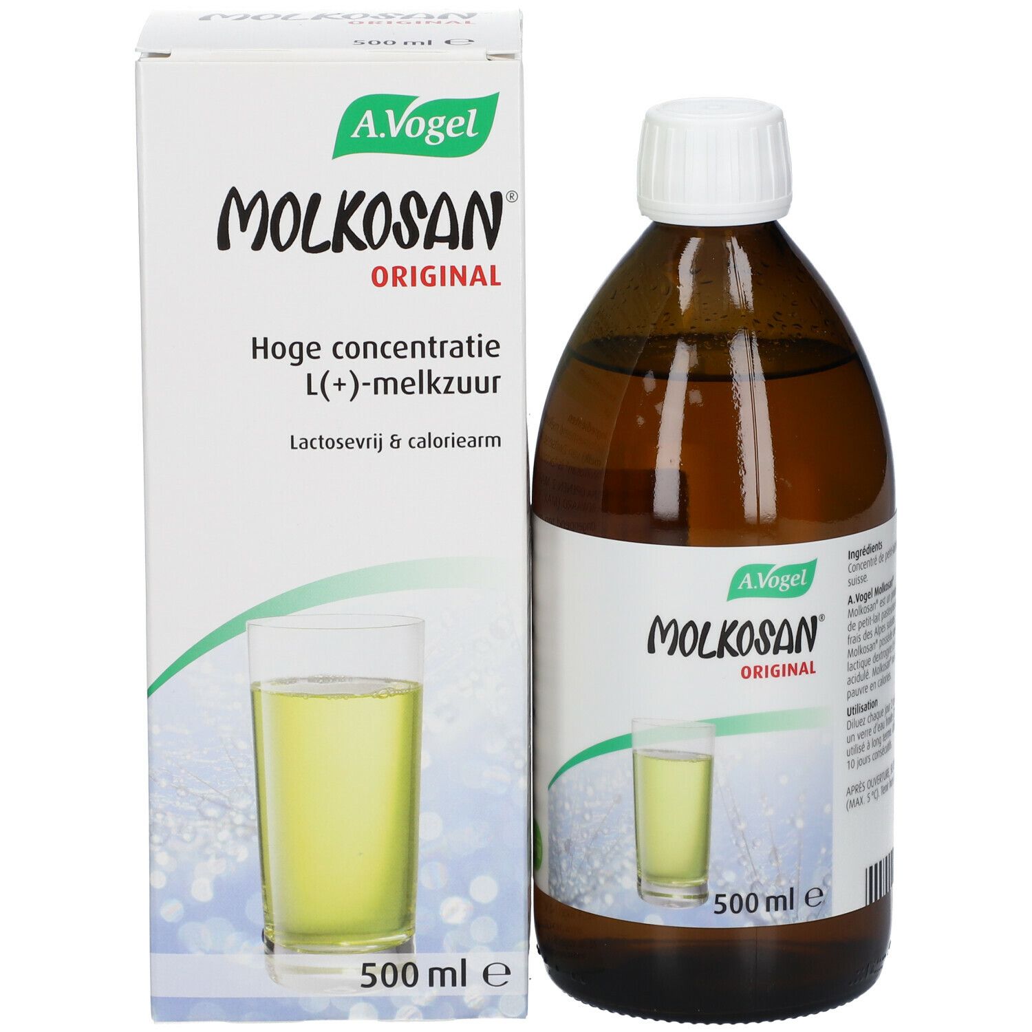 Bouteille en verre brun et carton. Inscription: Molkosan Original. Carton: Hoge concentratie L(+)-melkzuur. 500 ml.