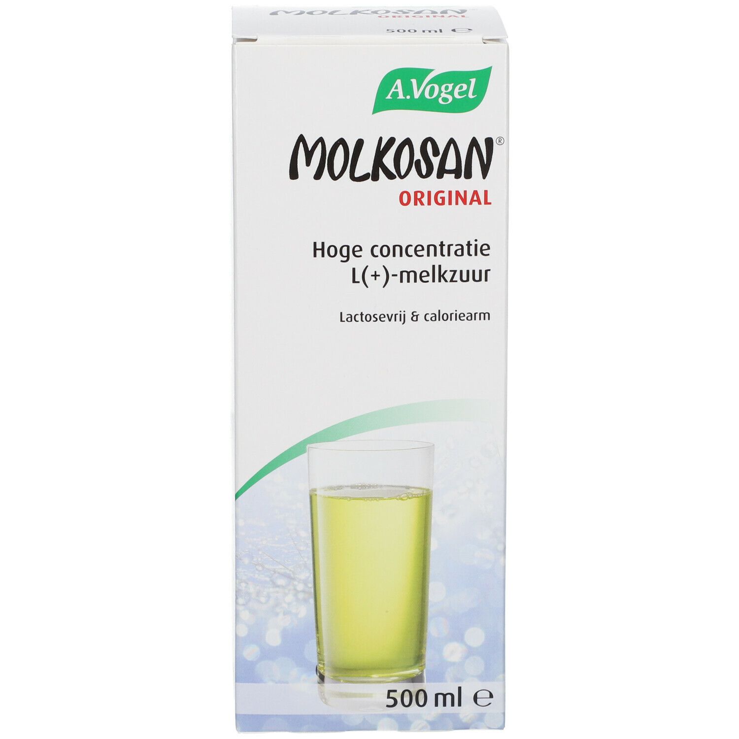 Carton avec inscription: Molkosan Original. Hoge concentratie L(+)-melkzuur. Illustration d'une boisson. 500 ml.