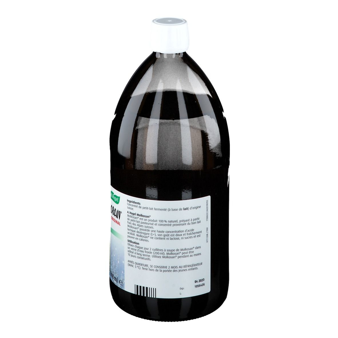 Bruine fles met witte dop. Achterkant met tekst. 1000 ml. Ingrediëntenlijst en gebruiksaanwijzing zichtbaar.