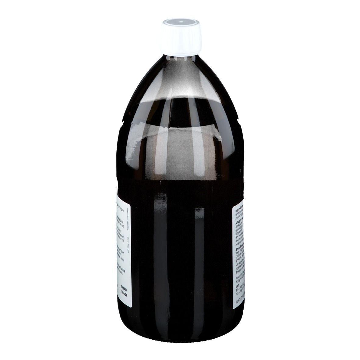 Bruine fles met witte dop. Achteraanzicht. Tekst op de fles is zichtbaar. 1000 ml.
