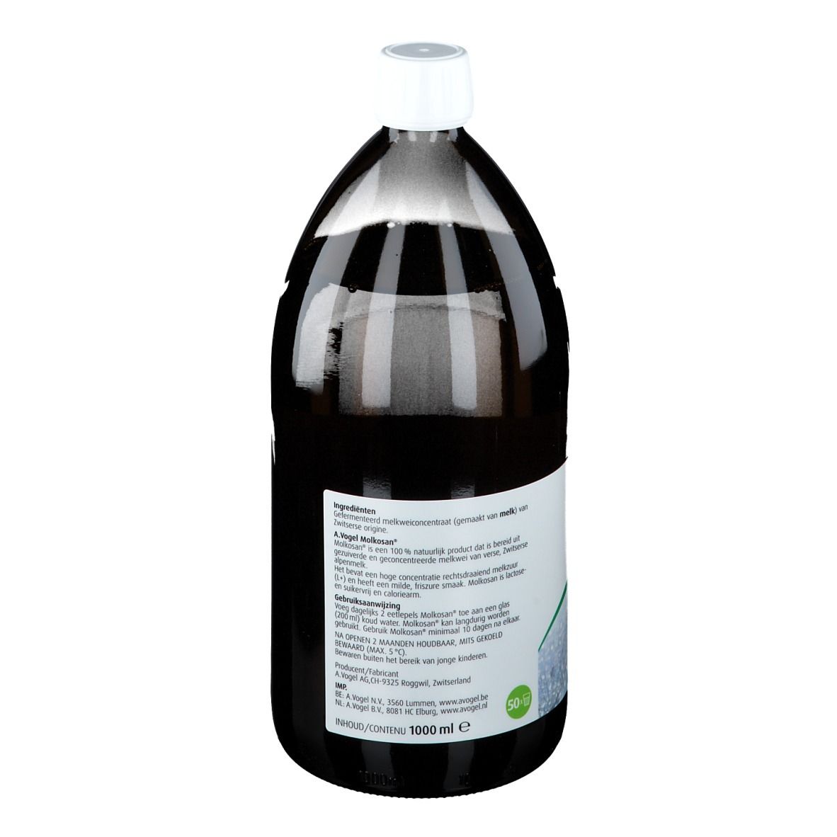 Bruine fles met witte dop. Achterkant met tekst. 1000 ml. Ingrediëntenlijst en gebruiksaanwijzing zichtbaar.