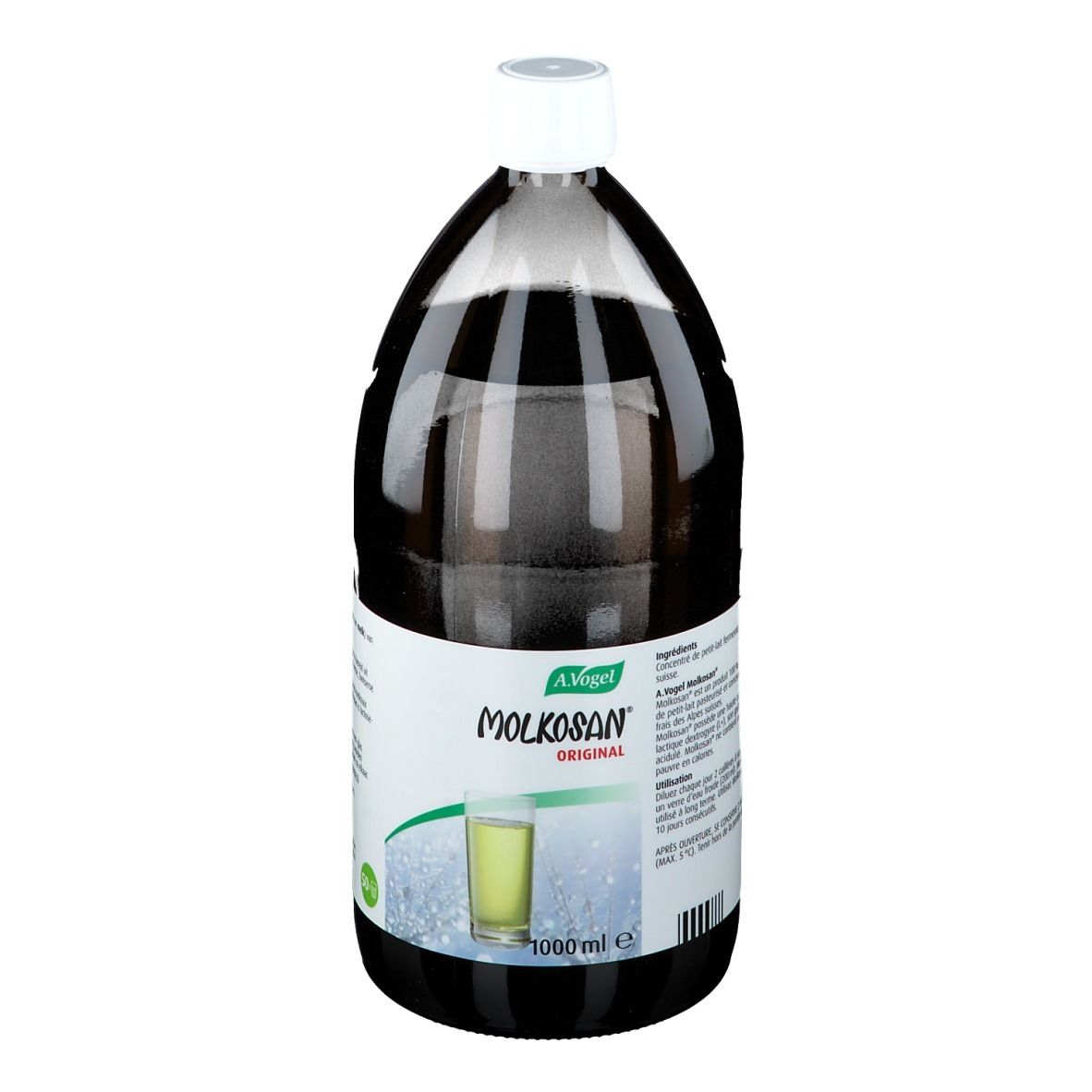 Bruine fles met witte dop. Opschrift: Molkosan Original. Een glas met gele vloeistof wordt getoond. 1000 ml.