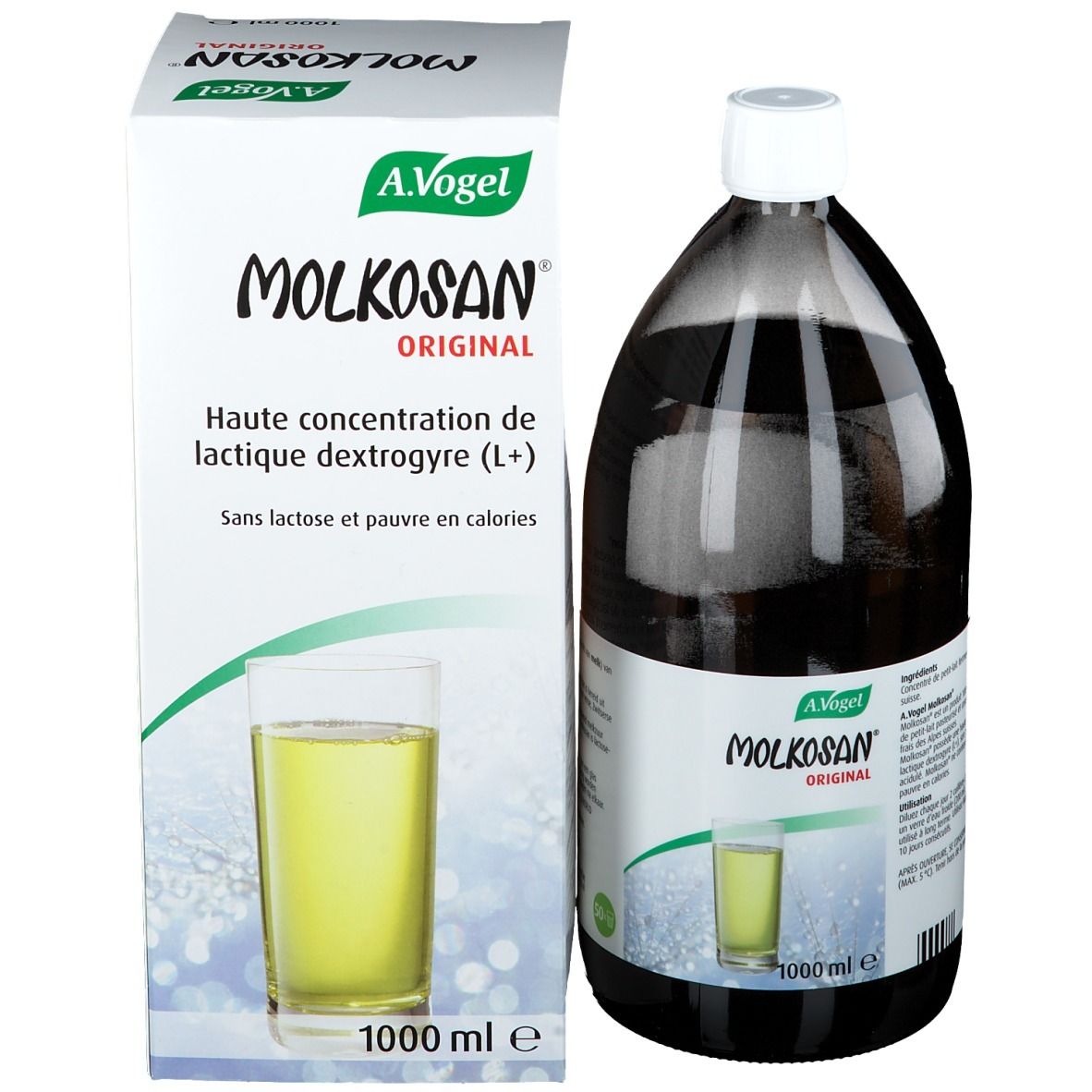 Productfles en verpakking. Opschrift: Molkosan Original. Een glas met gele vloeistof wordt getoond. 1000 ml.