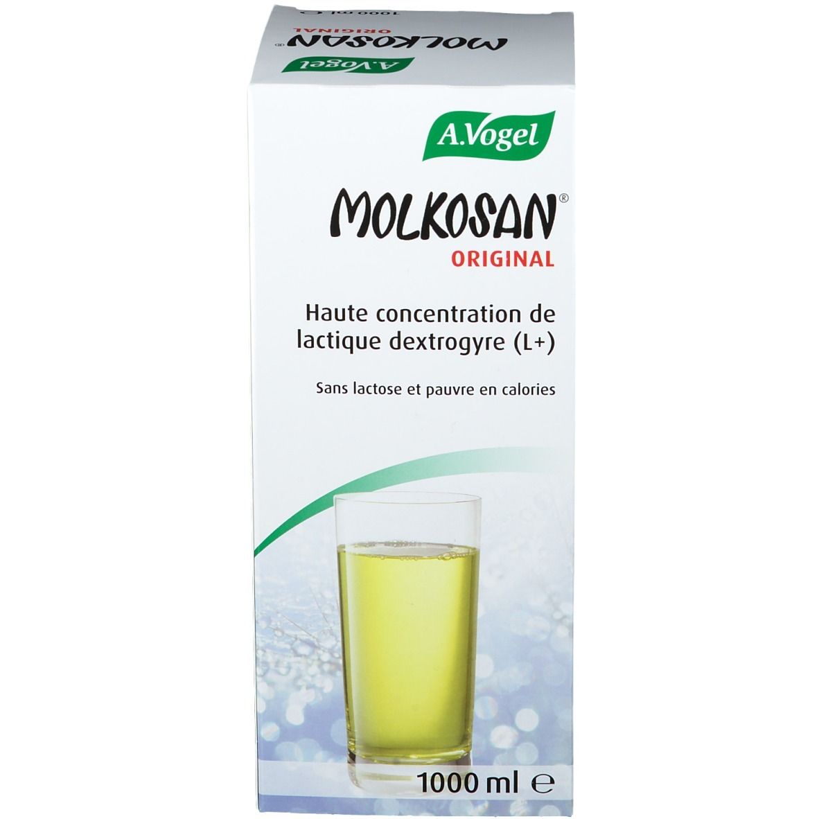 Productverpakking. Opschrift: Molkosan Original. Een glas met gele vloeistof wordt getoond. 1000 ml.