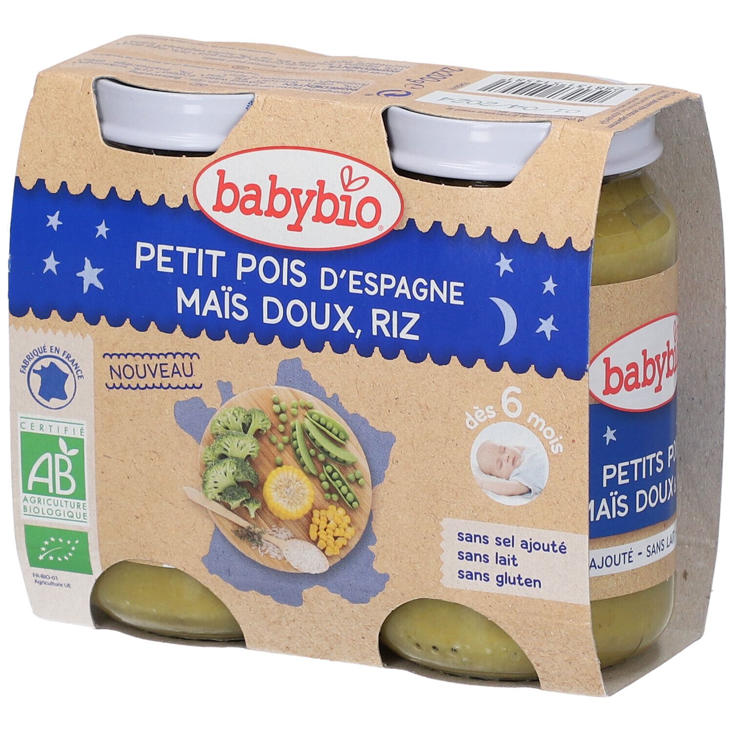Verpakking van 4 potjes Babybio. Opschrift: AB-logo, vanaf 6 maanden, zonder toegevoegd zout, melk, gluten. Bevat erwten, maïs, rijst.