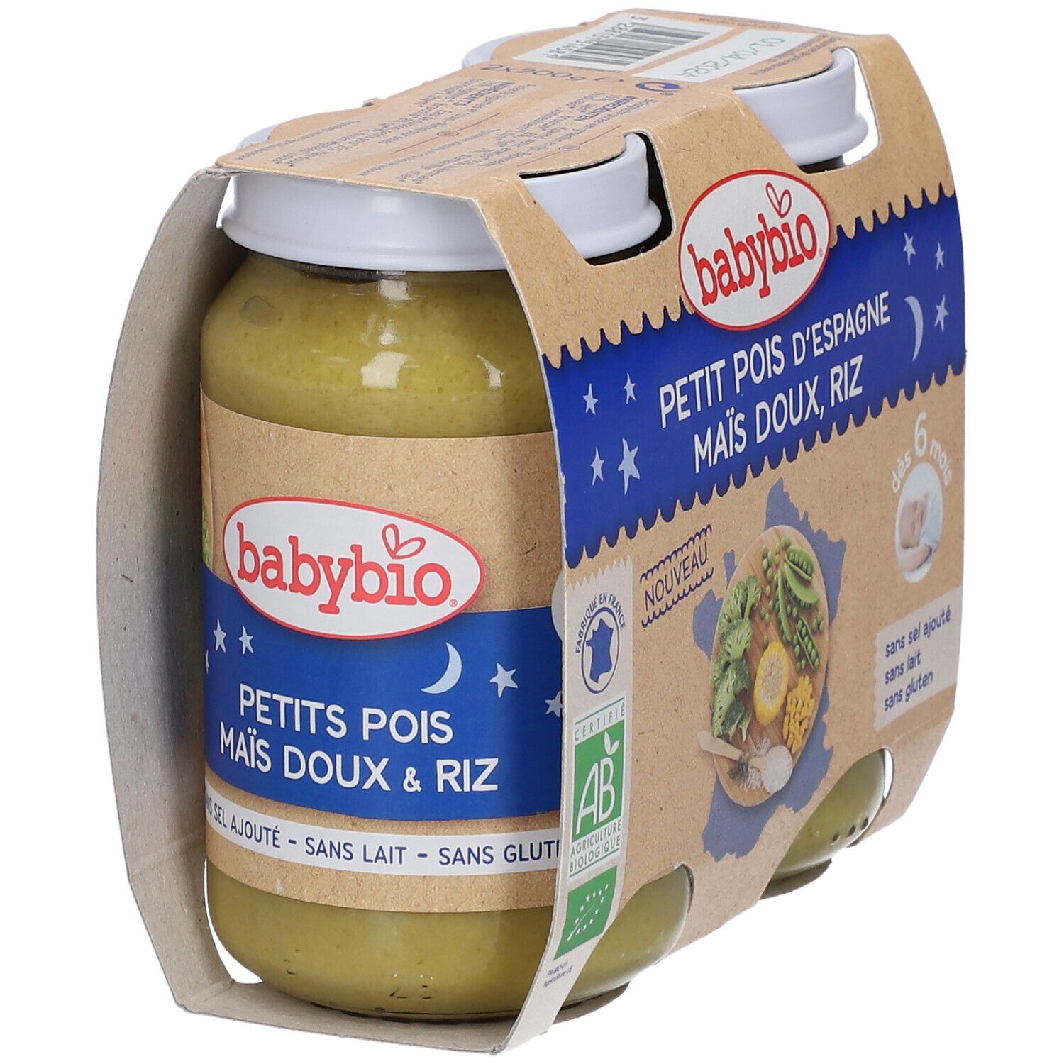 Verpakking van 4 potjes Babybio. Opschrift: AB-logo, vanaf 6 maanden, zonder toegevoegd zout, melk, gluten. Bevat erwten, maïs, rijst.