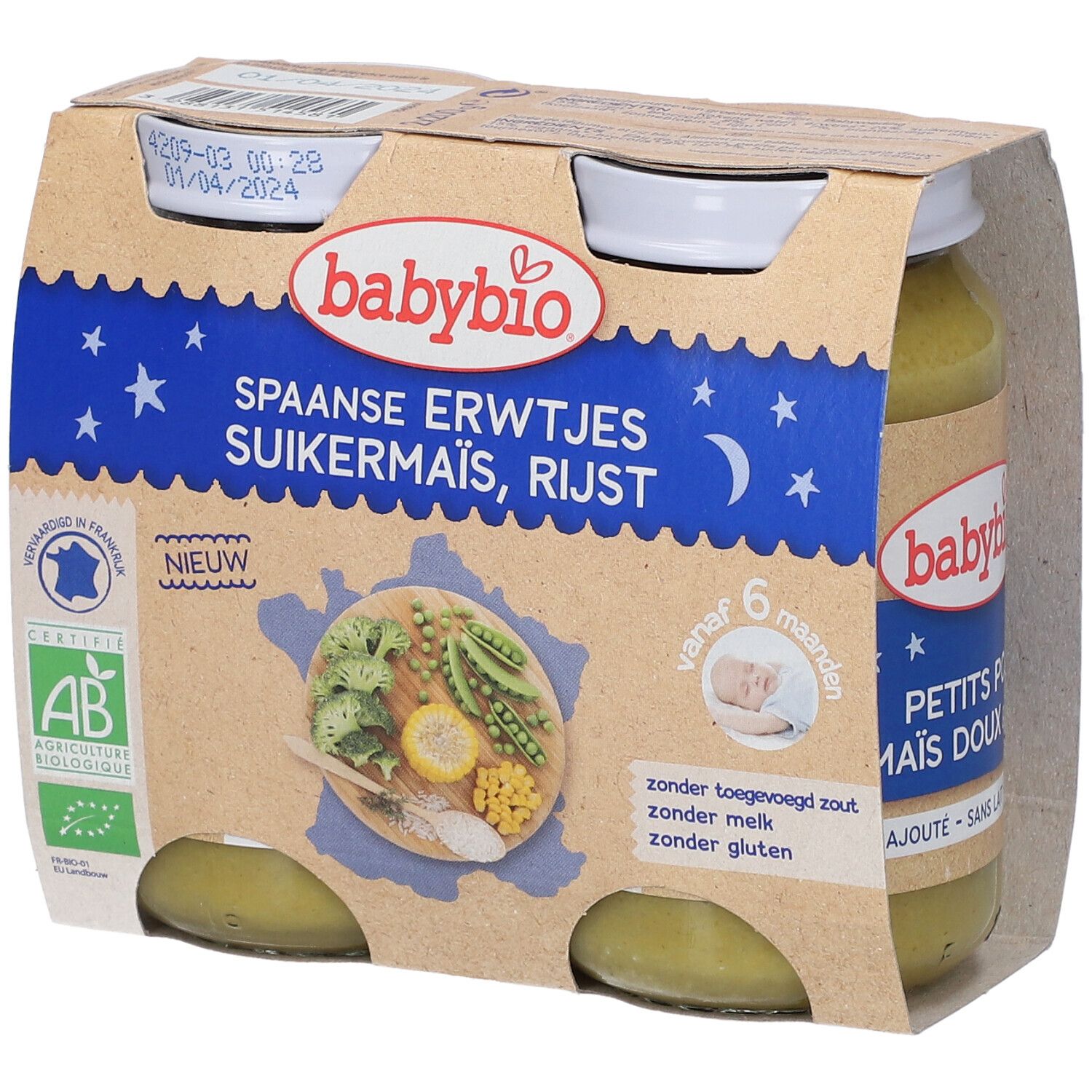Verpakking van 4 potjes Babybio. Opschrift: AB-logo, vanaf 6 maanden, zonder toegevoegd zout, melk, gluten. Bevat erwten, maïs, rijst.