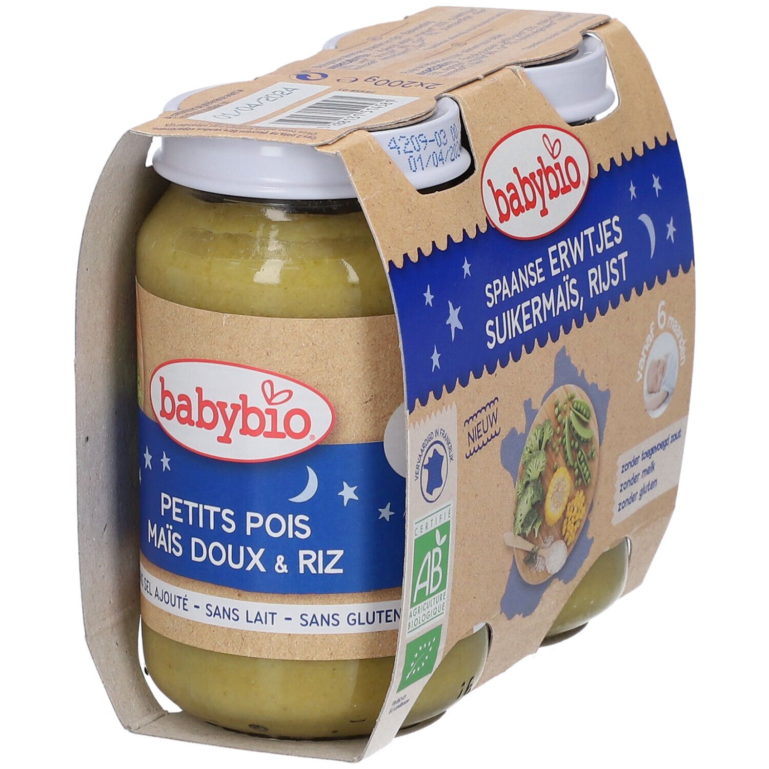 Verpakking van 4 potjes Babybio. Opschrift: AB-logo, vanaf 6 maanden, zonder toegevoegd zout, melk, gluten. Bevat erwten, maïs, rijst.