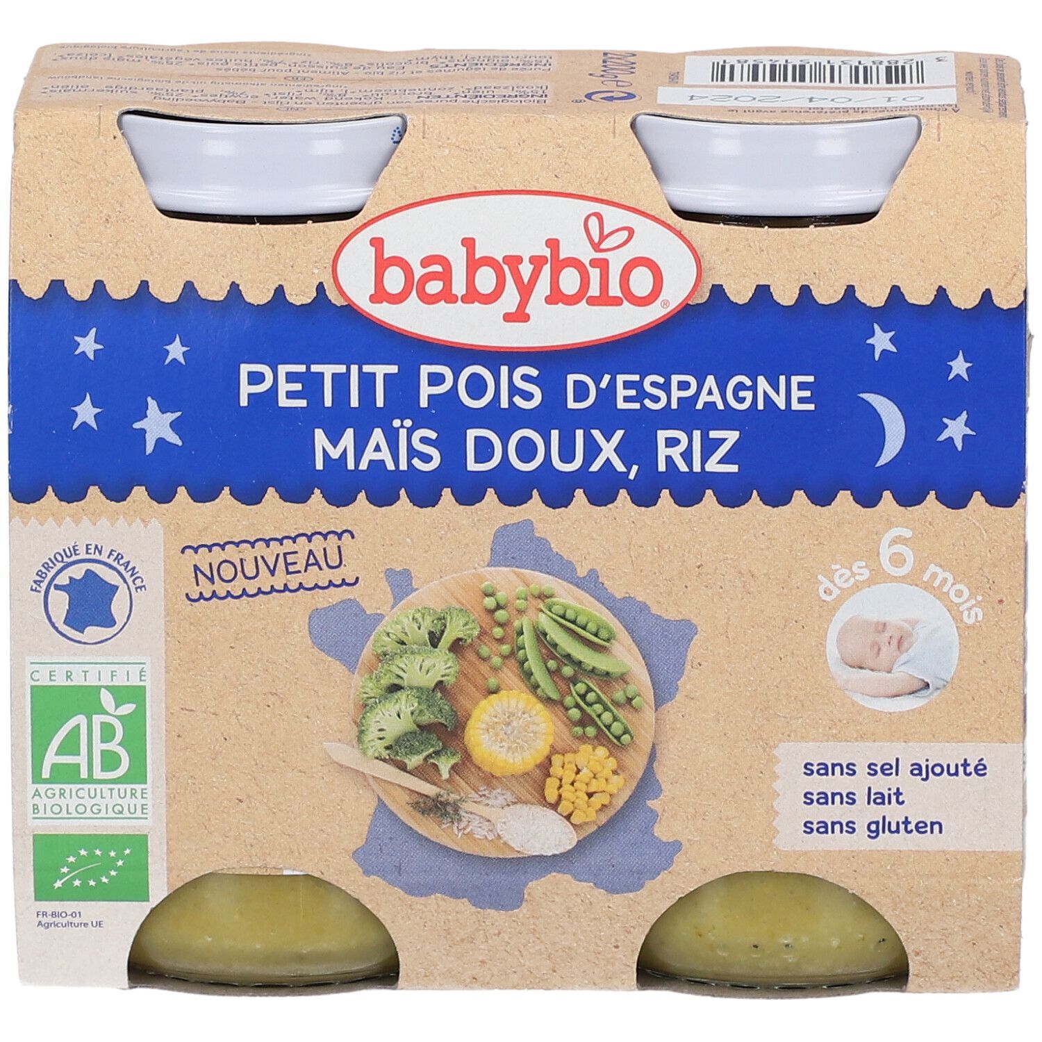 Verpakking van 4 potjes Babybio. Opschrift: AB-logo, vanaf 6 maanden, zonder toegevoegd zout, melk, gluten. Bevat erwten, maïs, rijst.