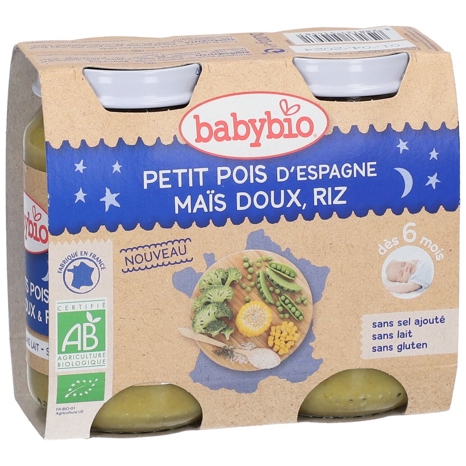 Verpakking van 4 potjes Babybio. Opschrift: AB-logo, vanaf 6 maanden, zonder toegevoegd zout, melk, gluten. Bevat erwten, maïs, rijst.