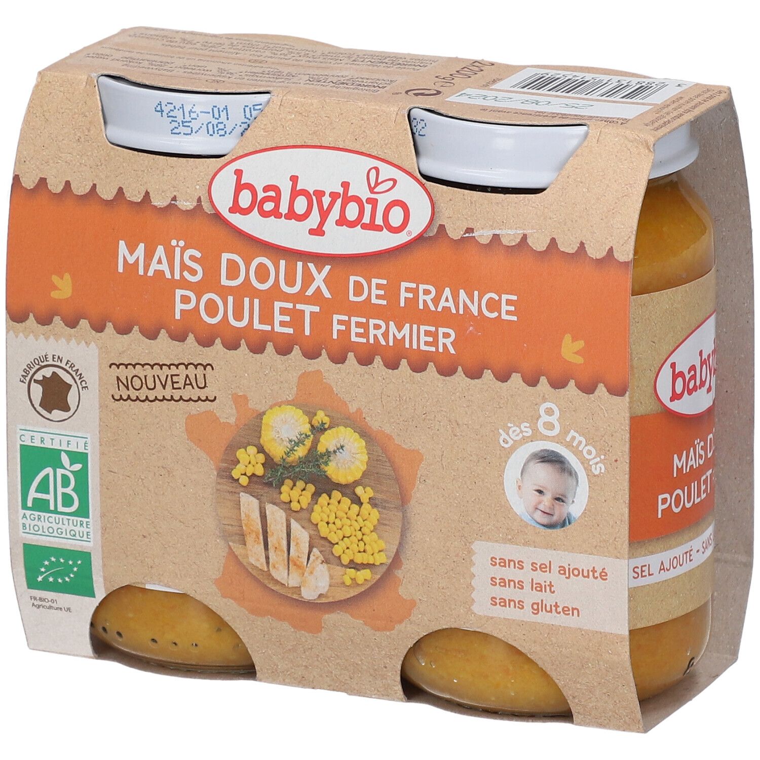 Babybio potje met maïs en kip, kartonnen verpakking. Biokeurmerk, vanaf 8 maanden.