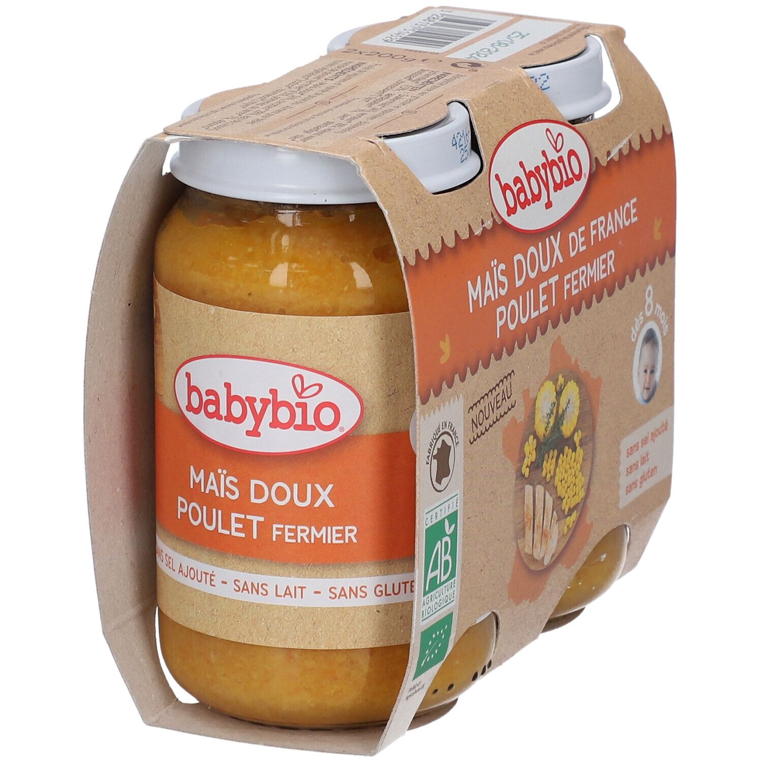 Babybio potje met maïs en kip in kartonnen verpakking. Biokeurmerk, vanaf 8 maanden.