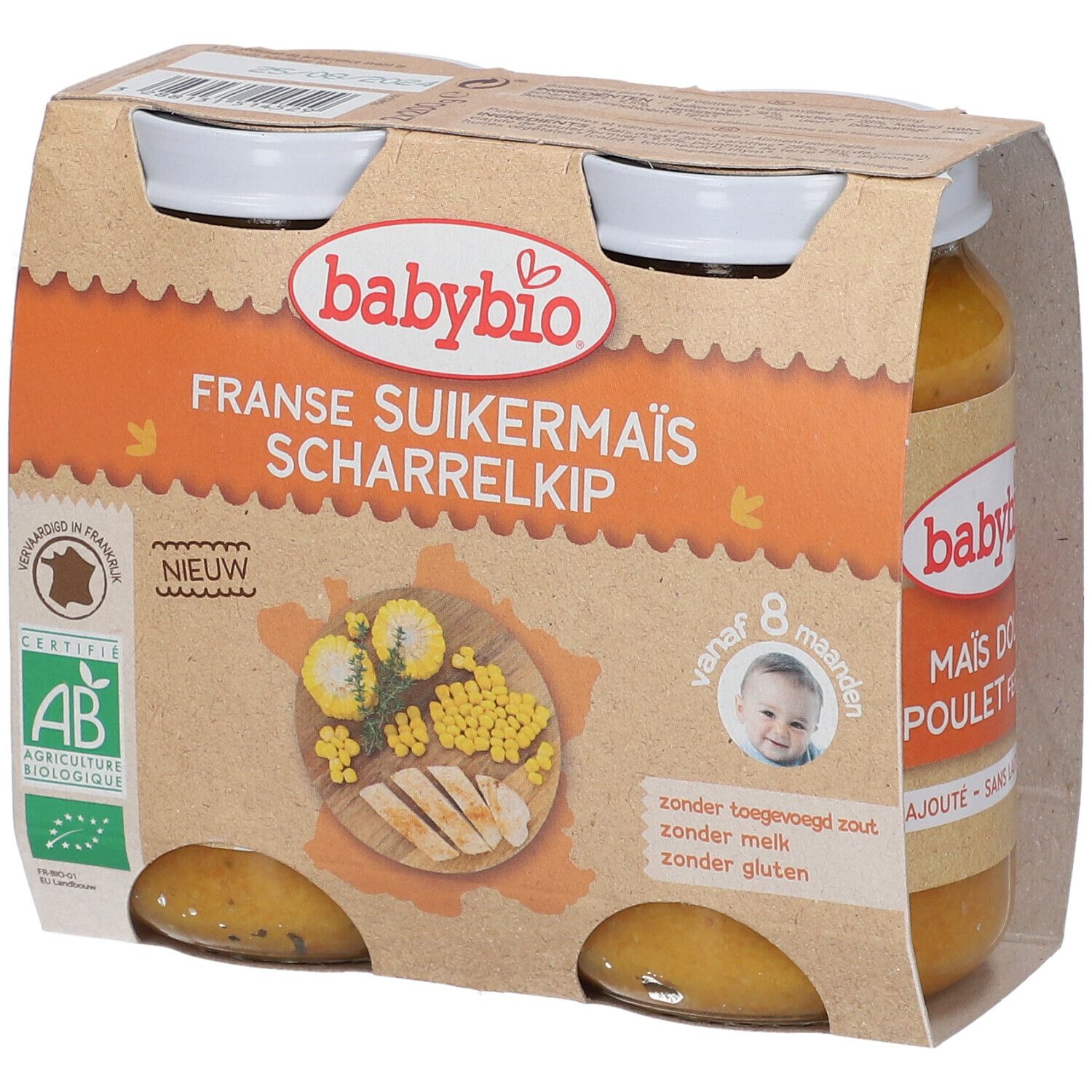 Babybio potje met maïs en scharrelkip, kartonnen verpakking. Biokeurmerk, vanaf 8 maanden.