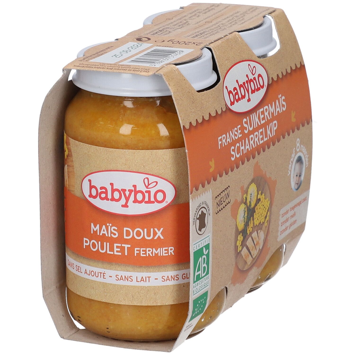 Babybio potje met maïs en scharrelkip in kartonnen verpakking. Biokeurmerk, vanaf 8 maanden.