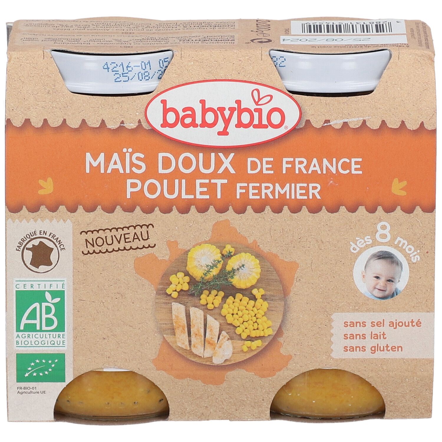 Babybio potje met maïs en kip, kartonnen verpakking. Biokeurmerk, vanaf 8 maanden.