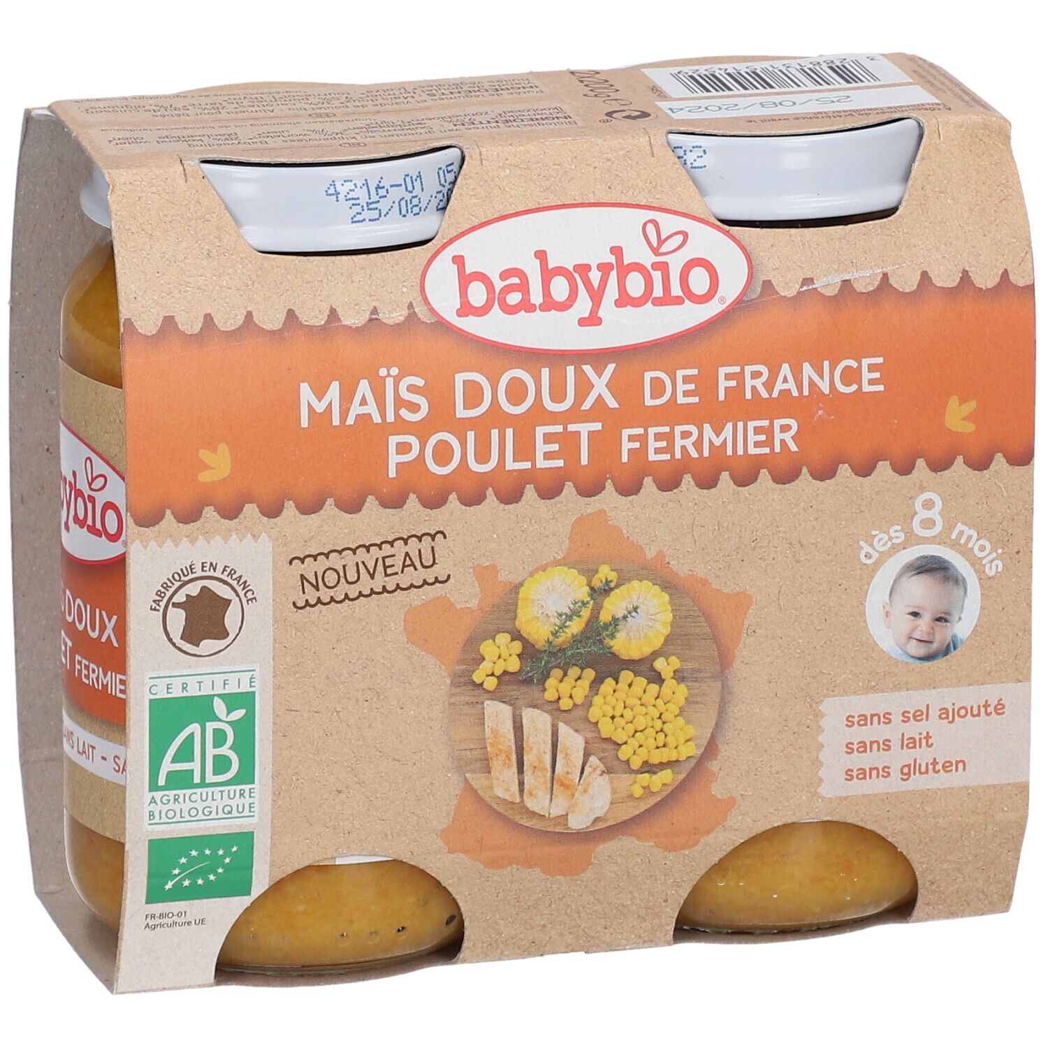 Babybio potje met maïs en kip in kartonnen verpakking. Biokeurmerk, vanaf 8 maanden.