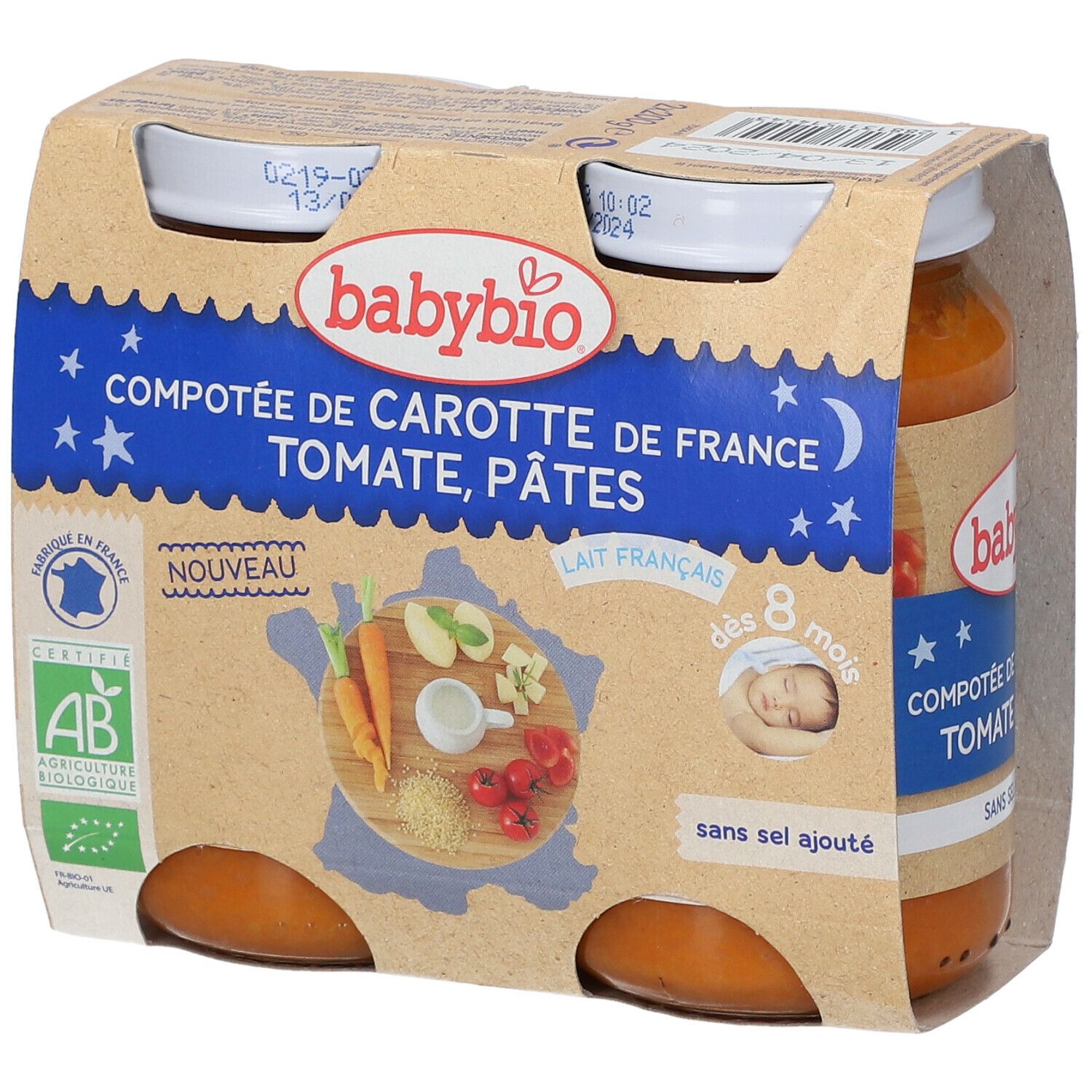Pack de pots de légumes Babybio. Inscriptions: Carotte, Tomate, Pâtes, dès 8 mois, sans sel. Label AB Bio.