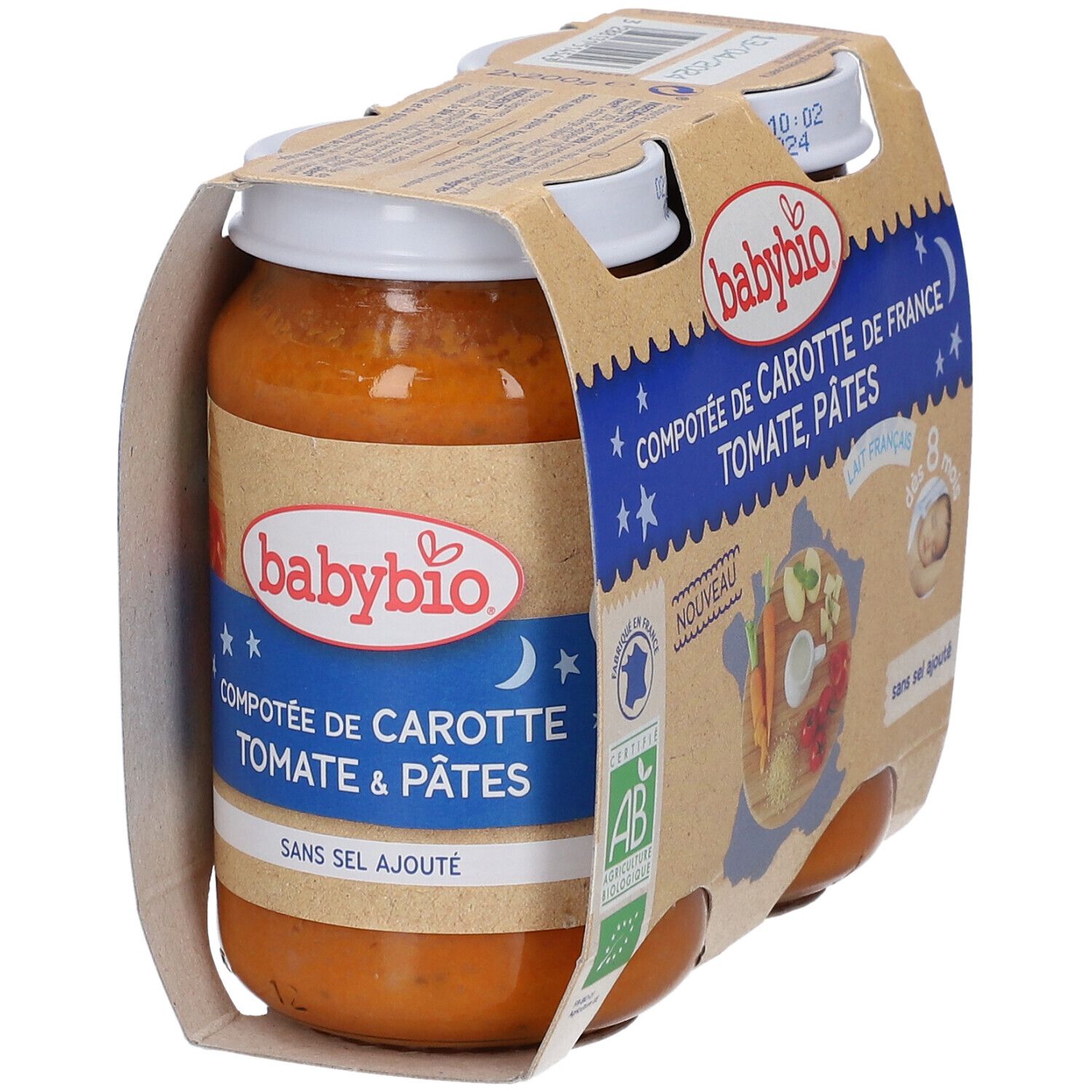 Pot Babybio de purée carotte, tomate et pâtes. Inscriptions: dès 8 mois, sans sel. Emballage de 4 pots.