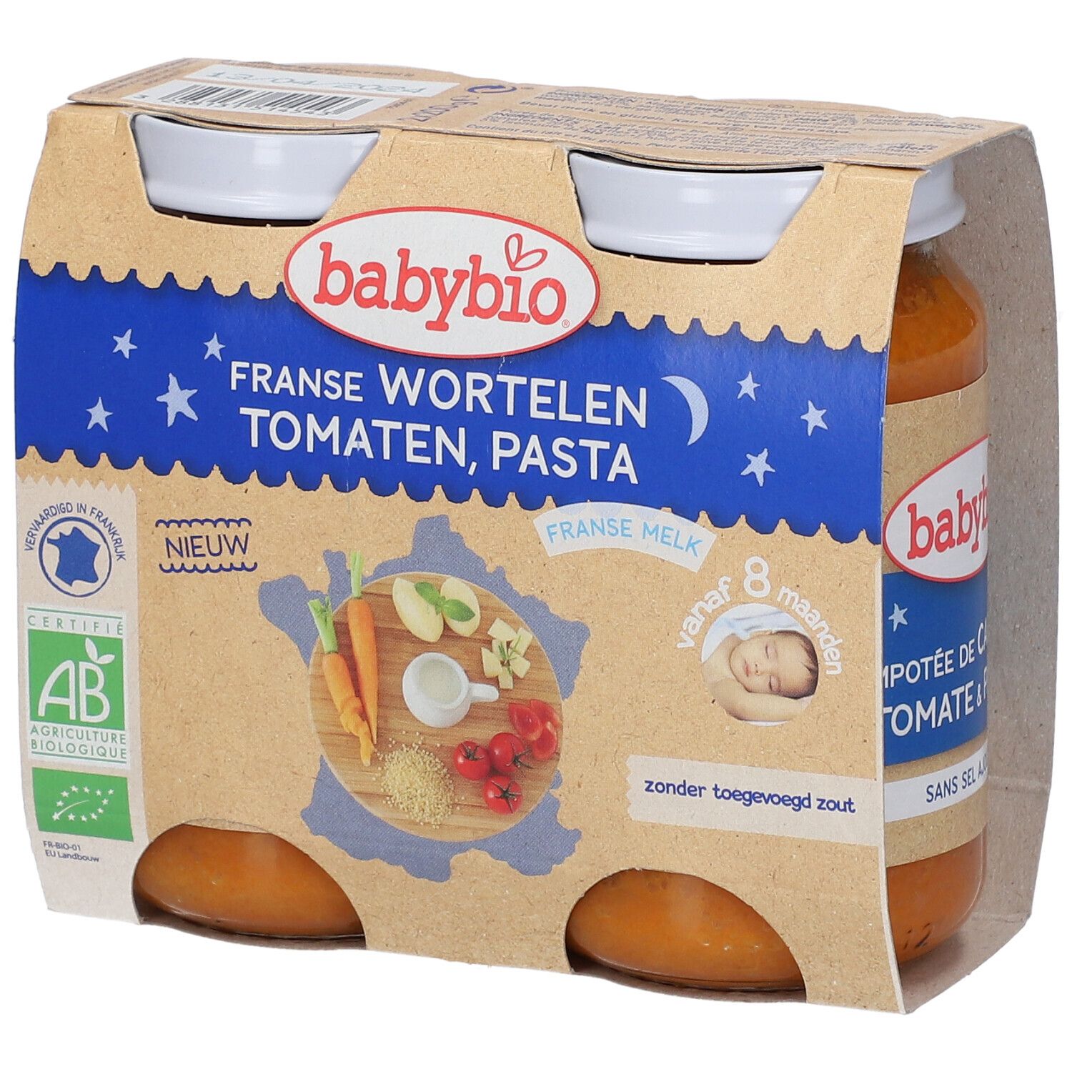 Pack de pots Babybio. Inscriptions: Carottes, Tomates, Pâtes, dès 8 mois, sans sel. Label AB Bio. Lait français.