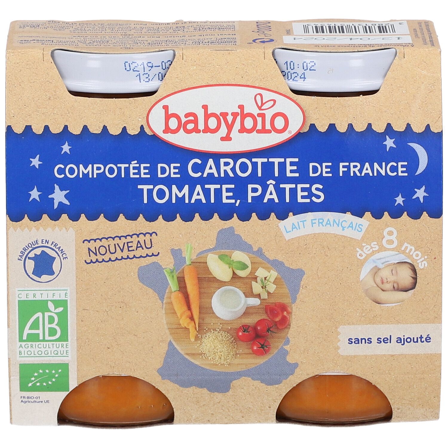 Pack de pots de légumes Babybio. Inscriptions: Carotte, Tomate, Pâtes, dès 8 mois, sans sel. Label AB Bio.