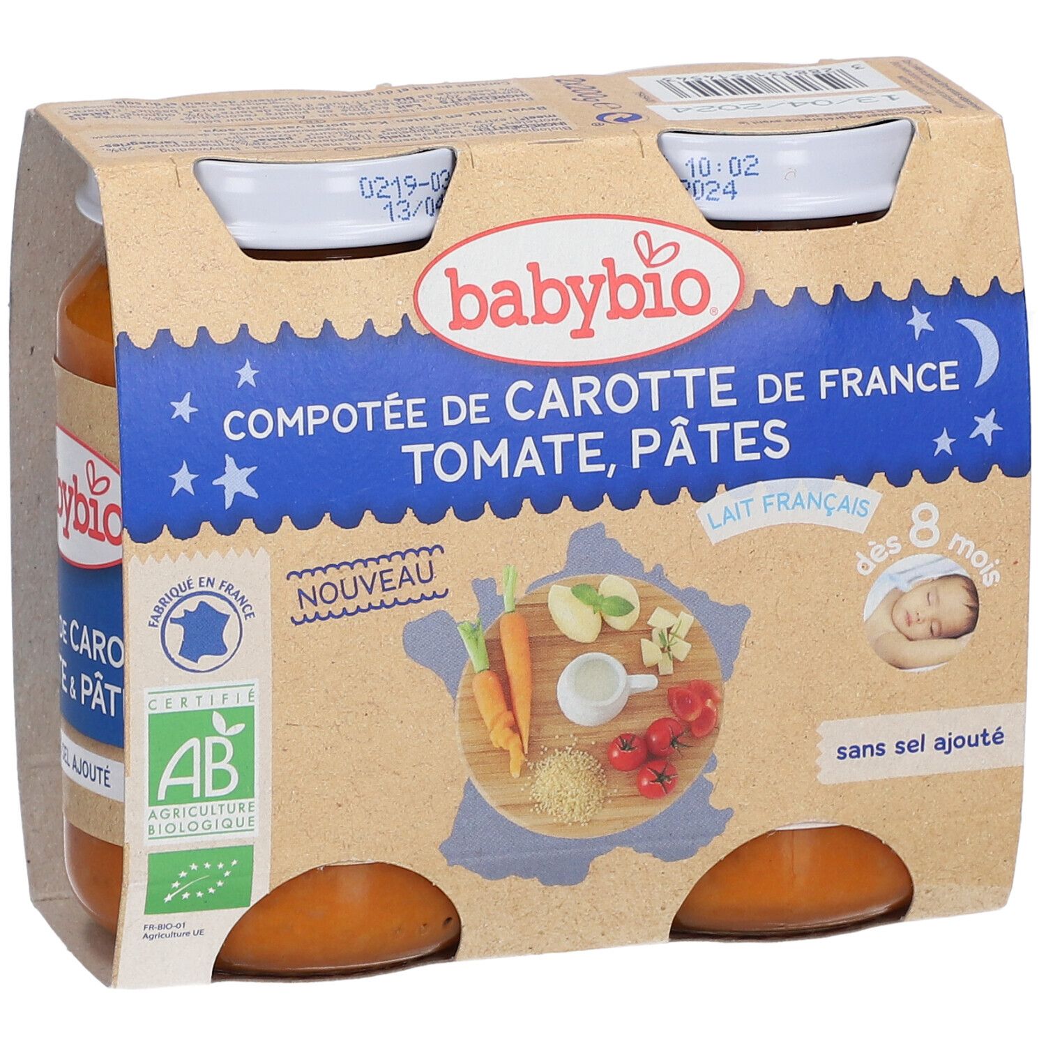 Pack de pots de légumes Babybio. Inscriptions: Carotte, Tomate, Pâtes, dès 8 mois, sans sel. Label AB Bio.