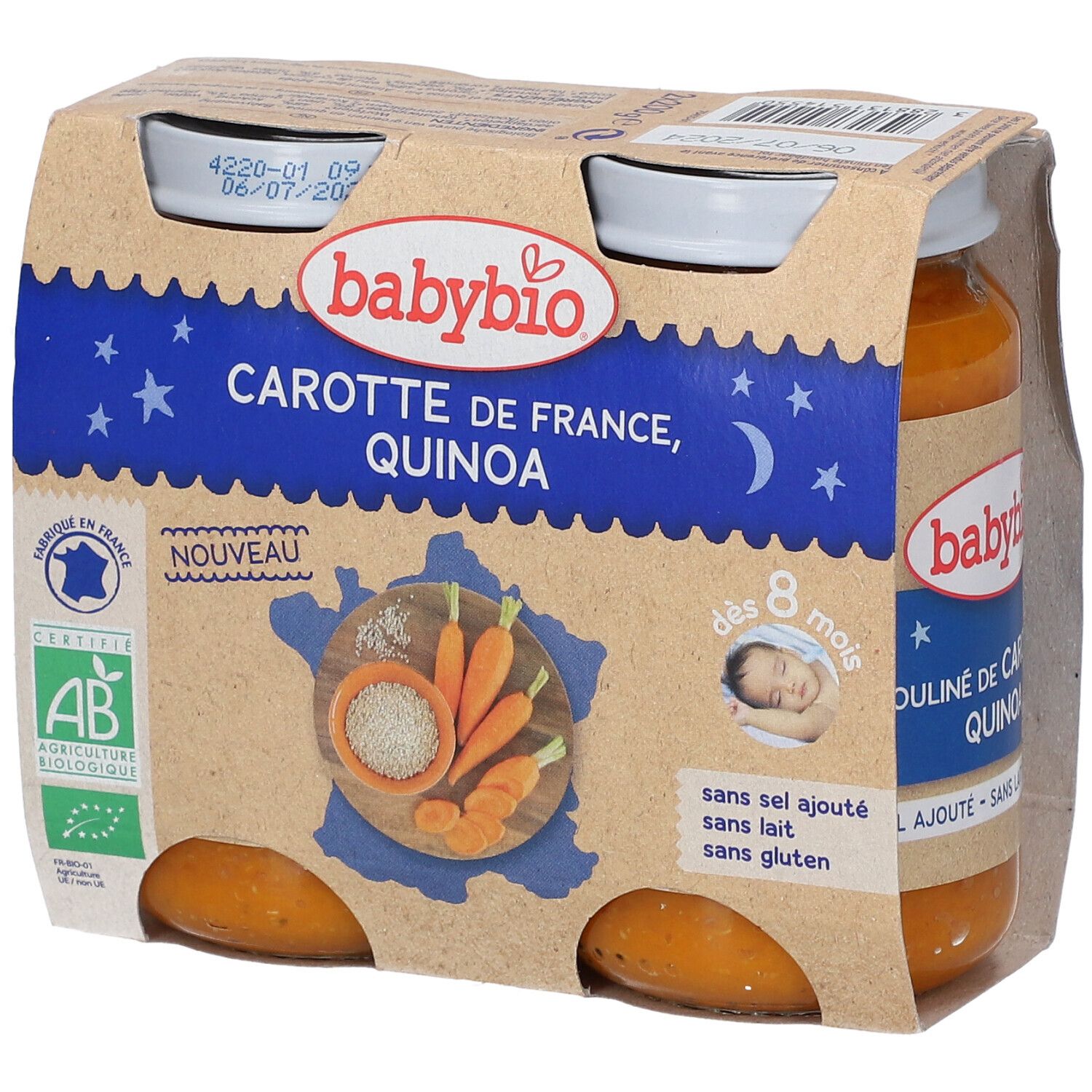 Verpakking met 4 potjes Babybio wortel-quinoa puree. Opschrift: Carotte de France, Quinoa, vanaf 8 maanden. Zonder zout, melk en gluten.
