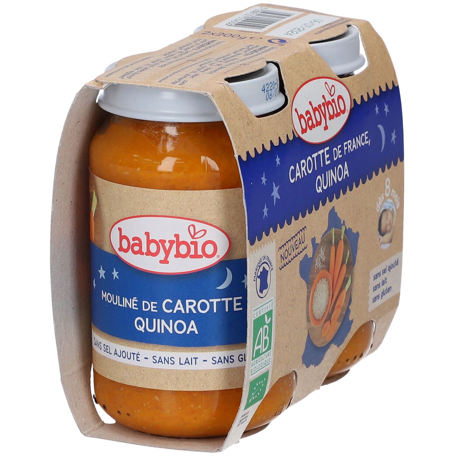 Potje Babybio wortel-quinoa puree. Opschrift: Carotte de France, Quinoa, vanaf 8 maanden. Zonder zout, melk en gluten. Zijkant.