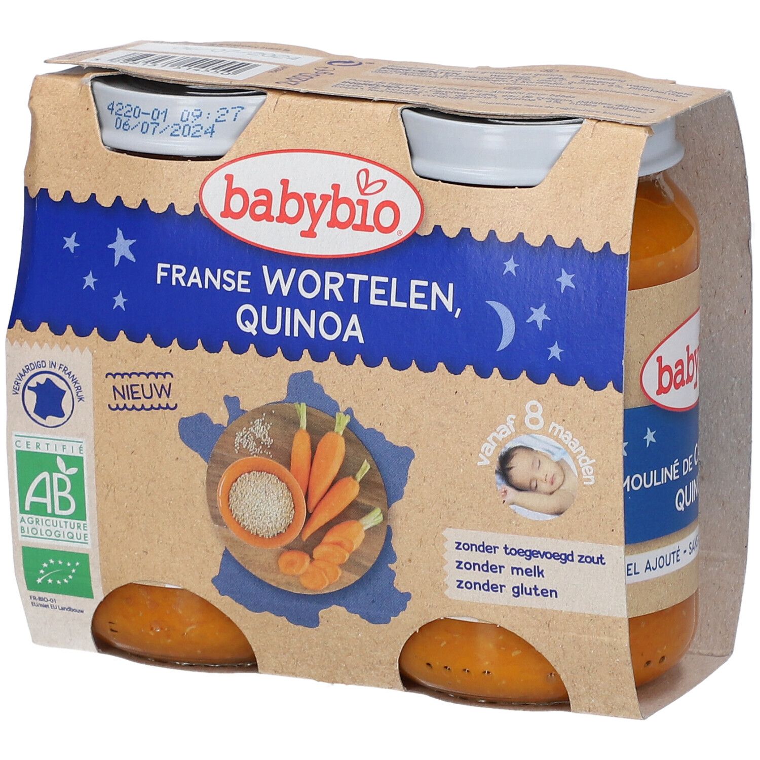Verpakking met 4 potjes Babybio wortel-quinoa puree. Opschrift: Franse Wortelen, Quinoa, vanaf 8 maanden. Zonder zout, melk en gluten.