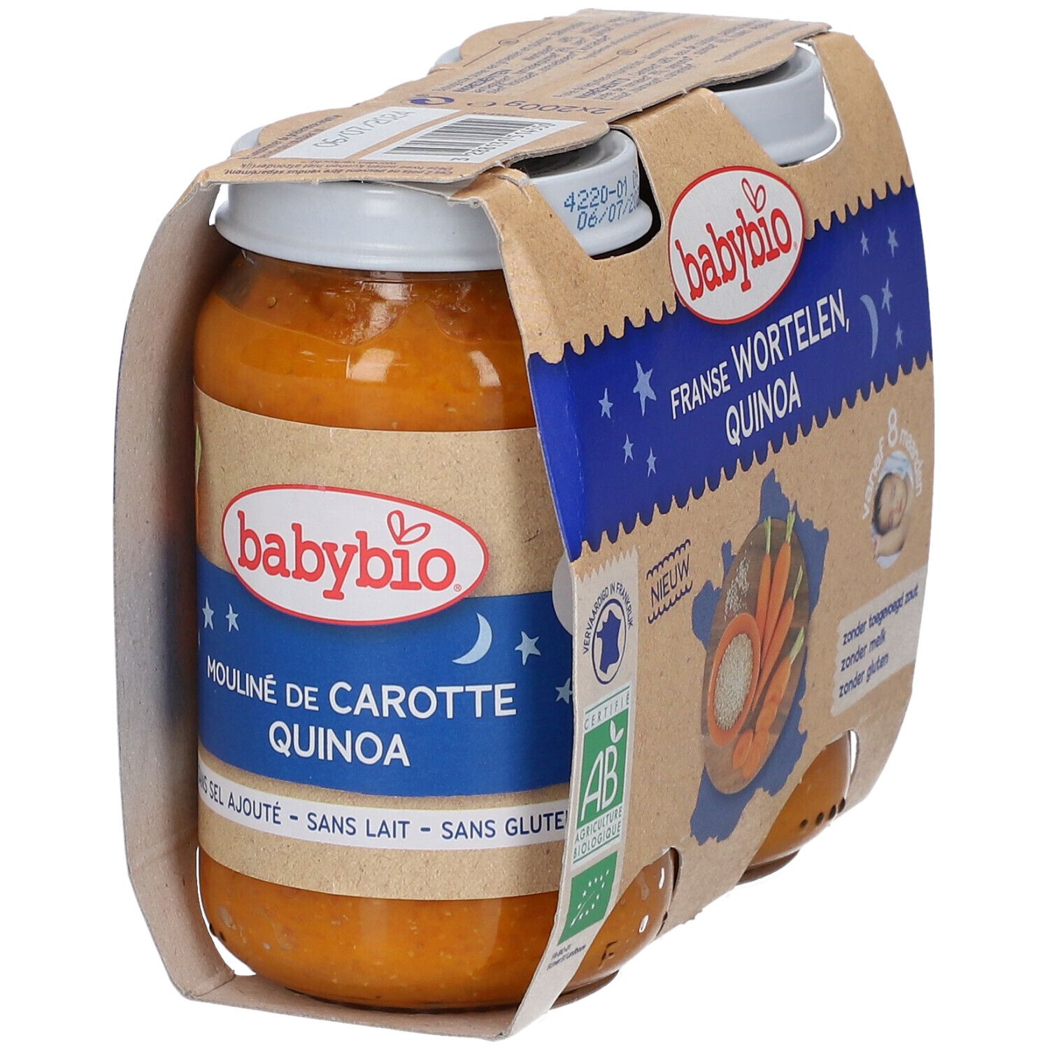 Potje Babybio wortel-quinoa puree. Opschrift: Franse Wortelen, Quinoa, vanaf 8 maanden. Zonder zout, melk en gluten. Zijkant.