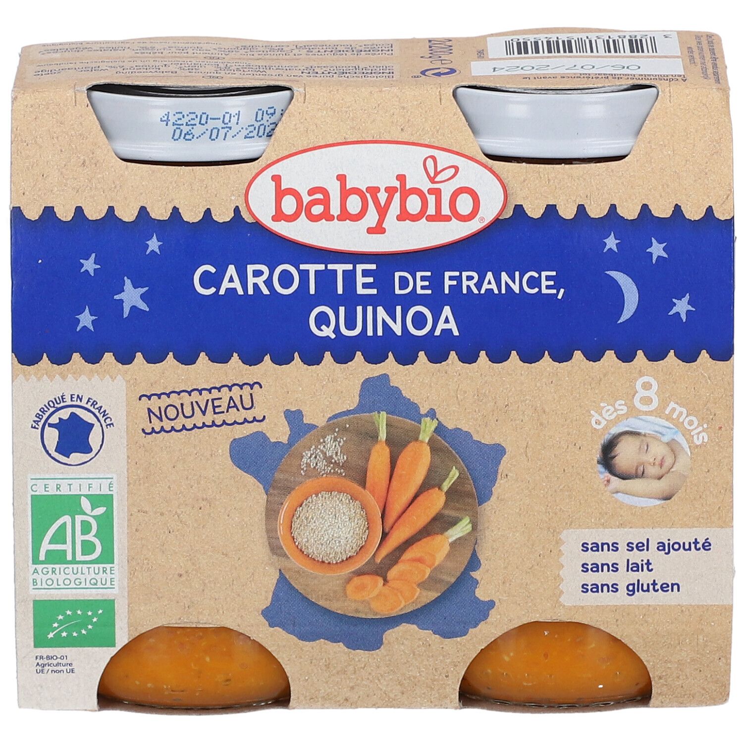 Verpakking met 4 potjes Babybio wortel-quinoa puree. Opschrift: Carotte de France, Quinoa, vanaf 8 maanden. Zonder zout, melk en gluten.