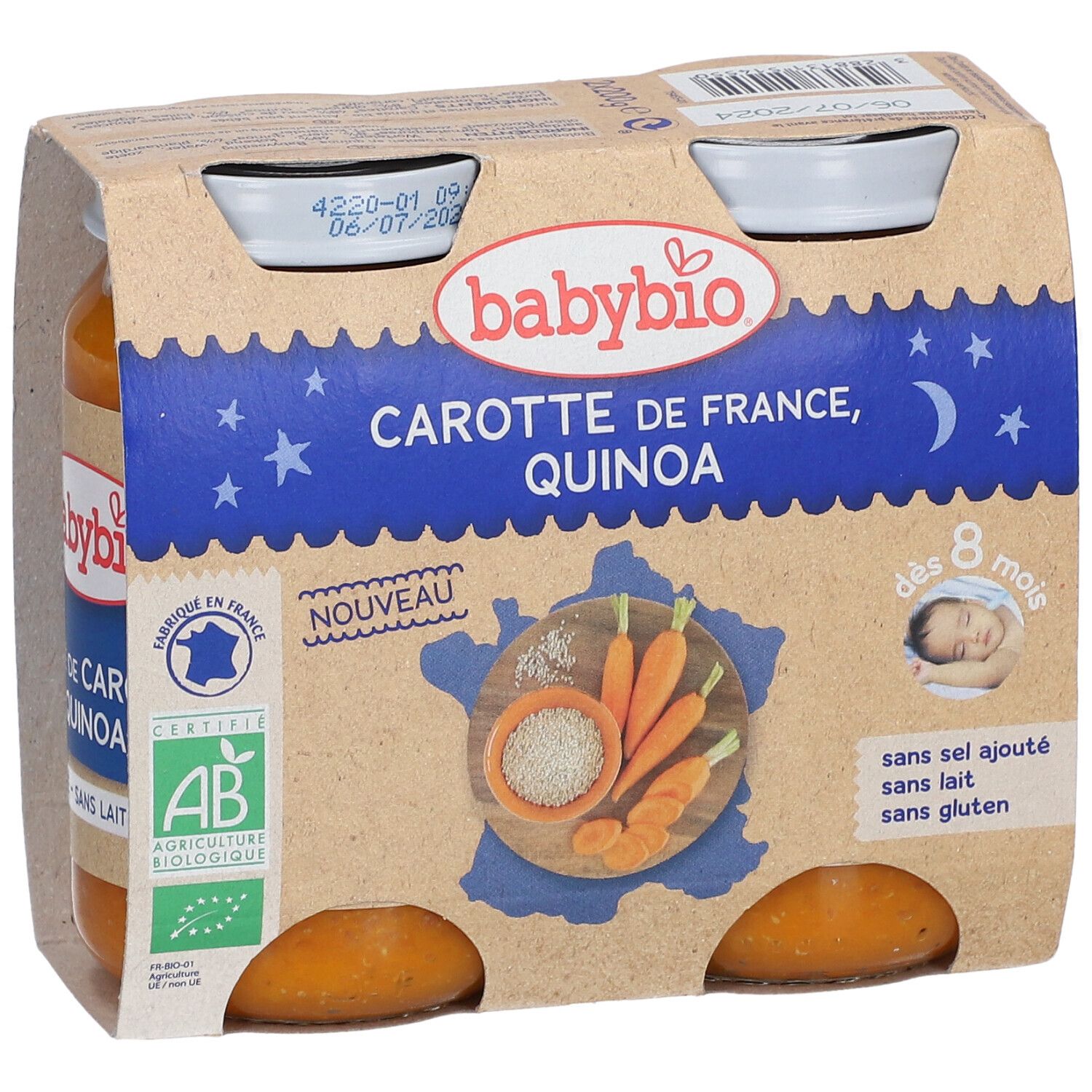 Verpakking met 4 potjes Babybio wortel-quinoa puree. Opschrift: Carotte de France, Quinoa, vanaf 8 maanden. Zonder zout, melk en gluten.