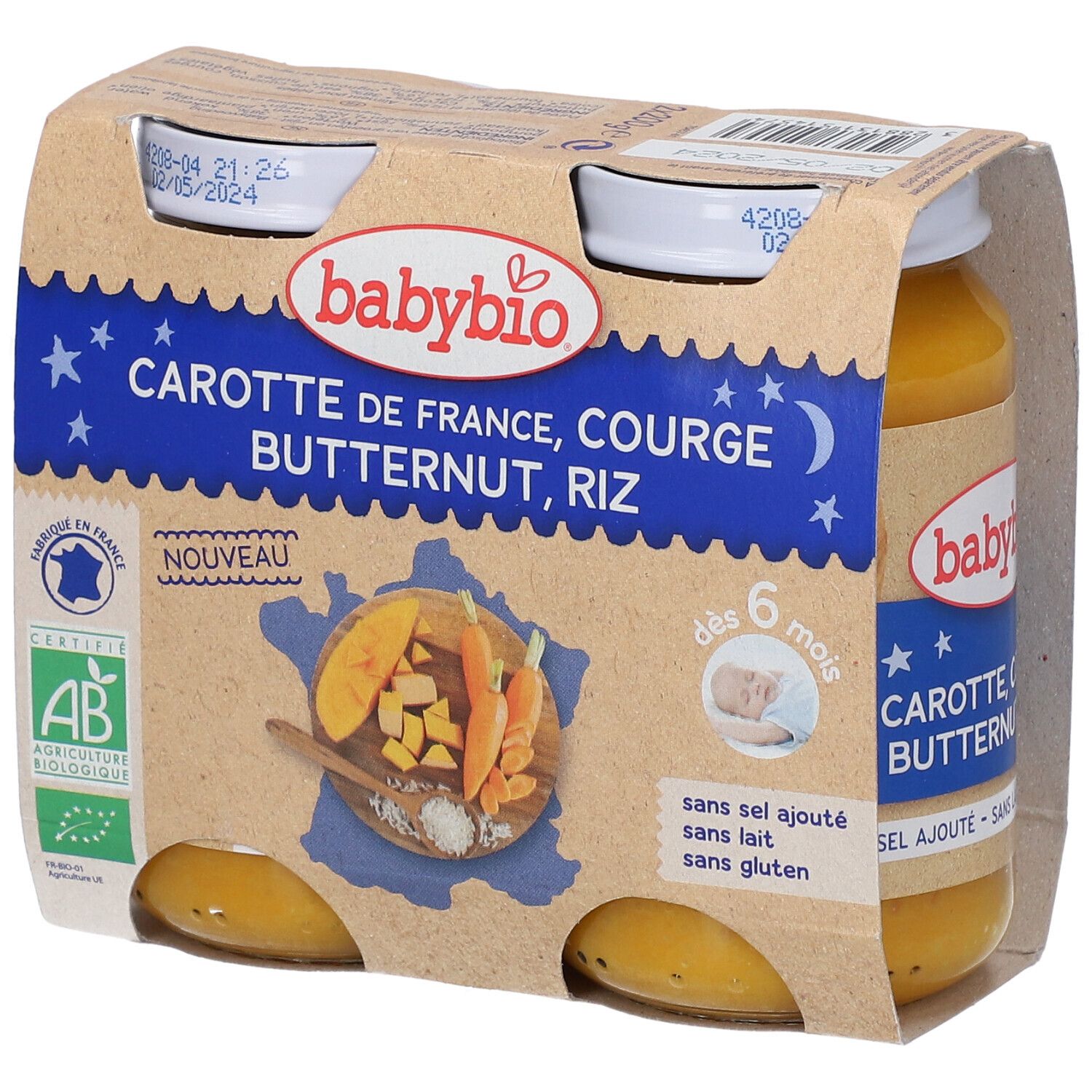 Babybio potjes wortel, pompoen, rijst. 4 potjes in kartonnen verpakking. AB Bio label. Vanaf 6 maanden.