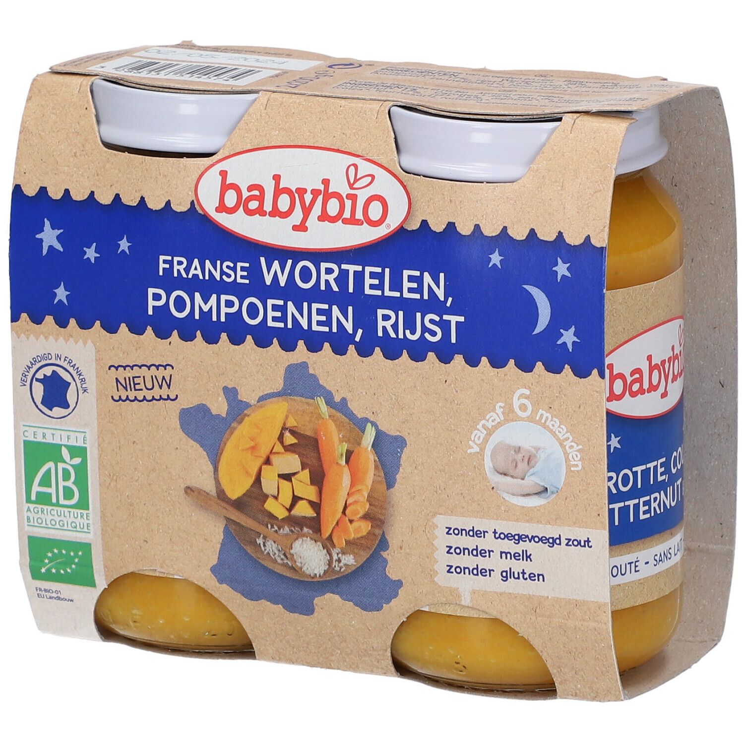 Babybio potjes wortel, pompoen, rijst. 4 potjes in kartonnen verpakking. AB Bio label. Vanaf 6 maanden.