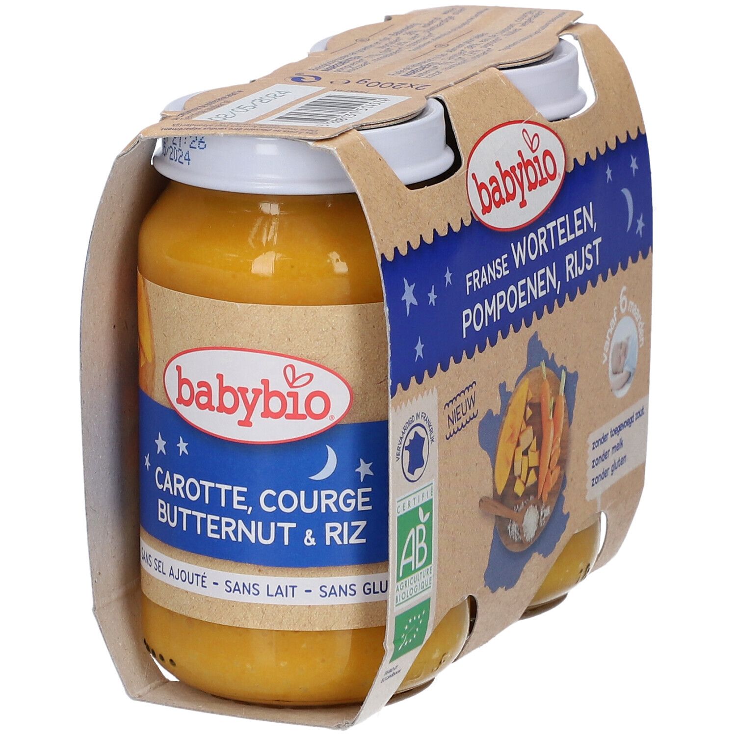 Babybio potjes wortel, pompoen, rijst. 4 potjes in kartonnen verpakking. AB Bio label. Vanaf 6 maanden.