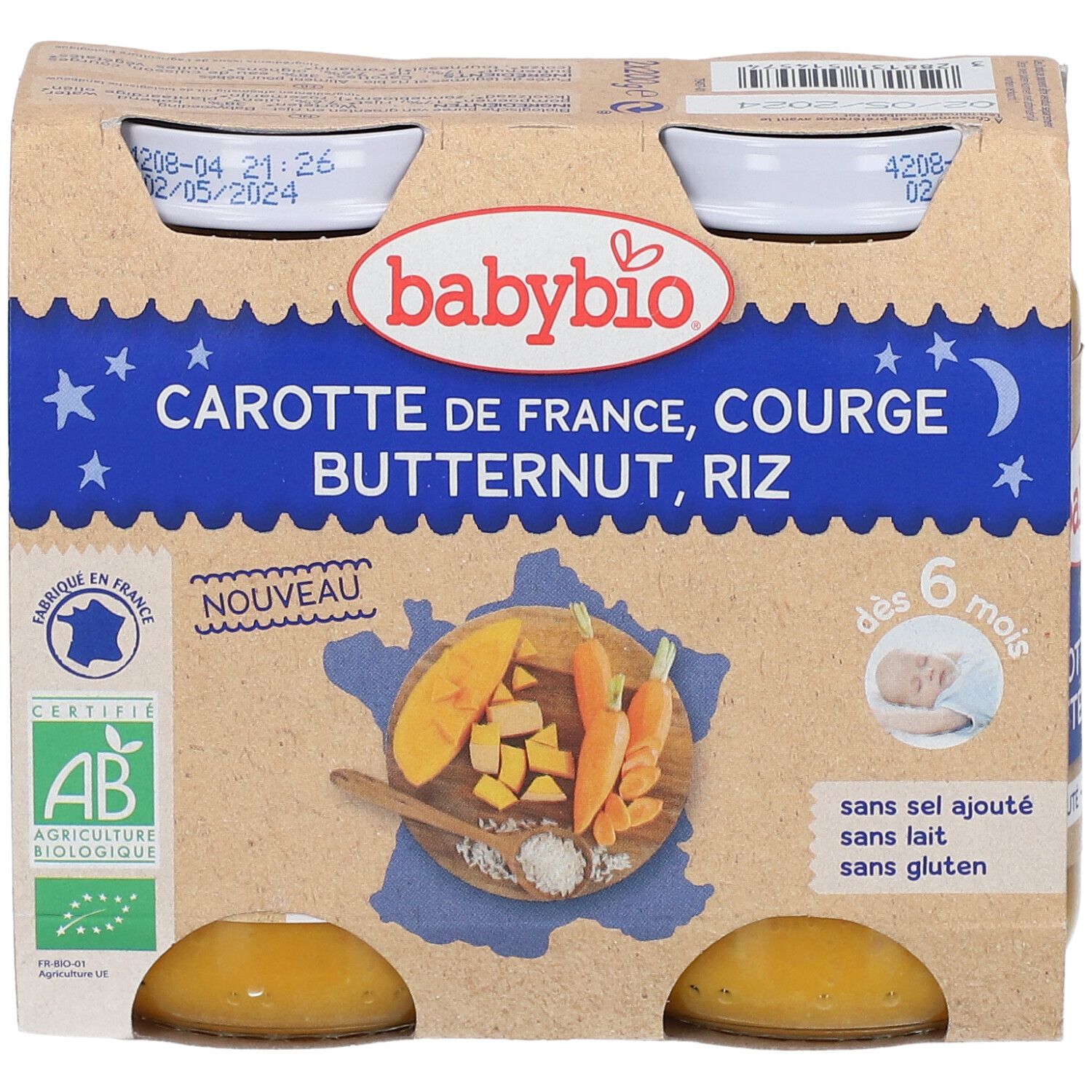 Babybio potjes wortel, pompoen, rijst. 4 potjes in kartonnen verpakking. AB Bio label. Vanaf 6 maanden.