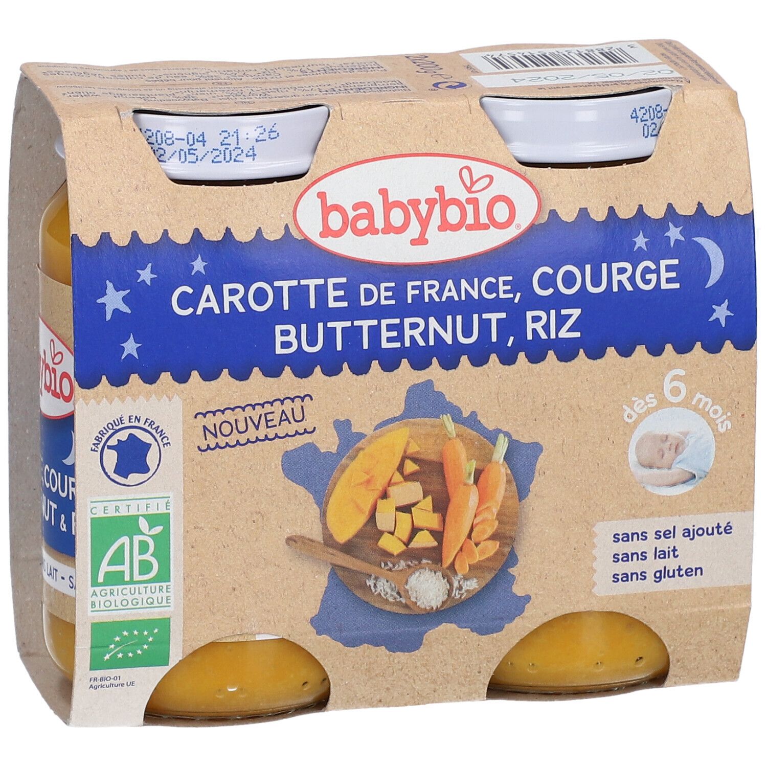 Babybio potjes wortel, pompoen, rijst. 4 potjes in kartonnen verpakking. AB Bio label. Vanaf 6 maanden.