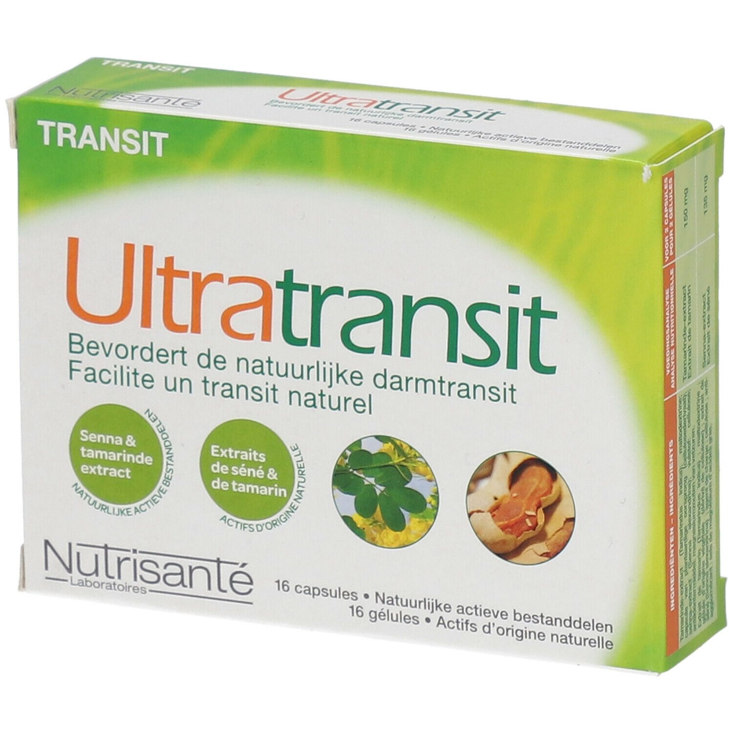 Boîte Ultratransit. Vert et blanc, nom du produit et illustrations d'ingrédients. 16 gélules.