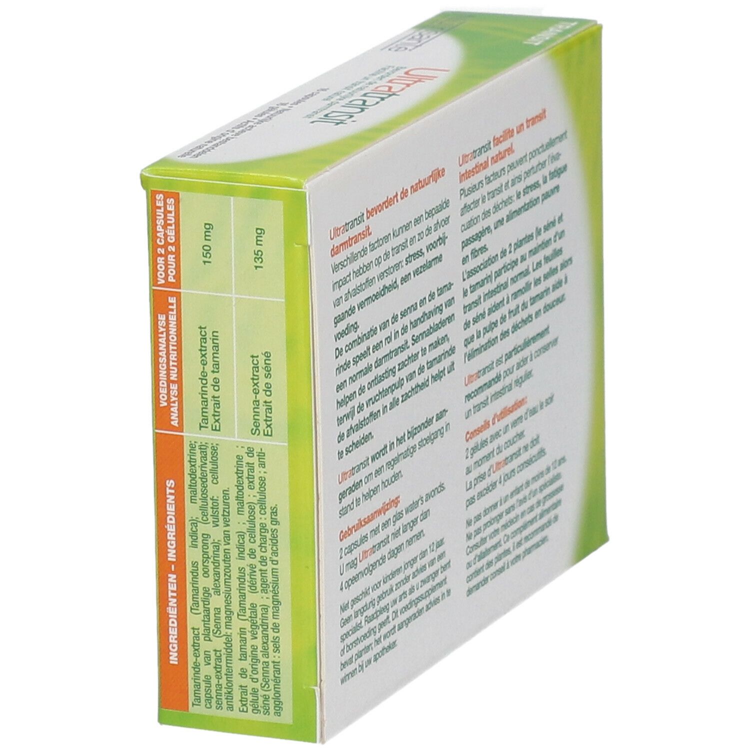 Vue latérale de la boîte Ultratransit. Texte avec analyse nutritionnelle et ingrédients. Design vert et blanc.