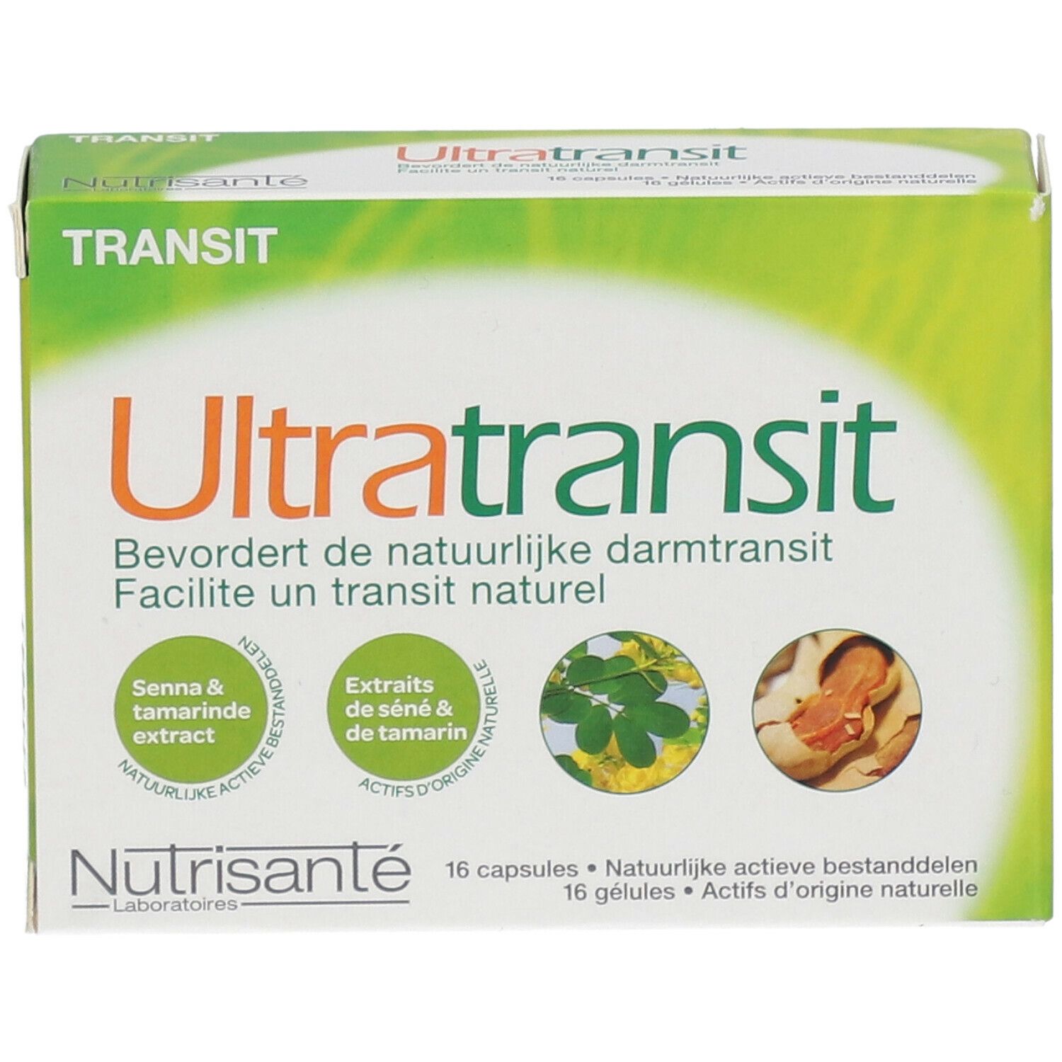 Vue de face de la boîte Ultratransit. Design vert et blanc, nom du produit et illustrations. 16 gélules.