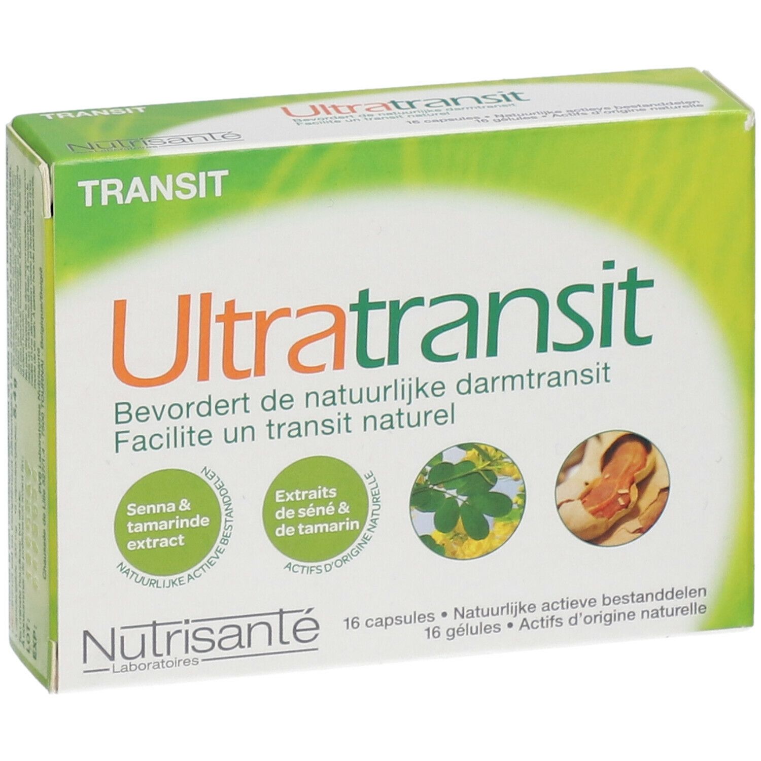 Vue de face de la boîte Ultratransit. Design vert et blanc, nom du produit et illustrations. 16 gélules.