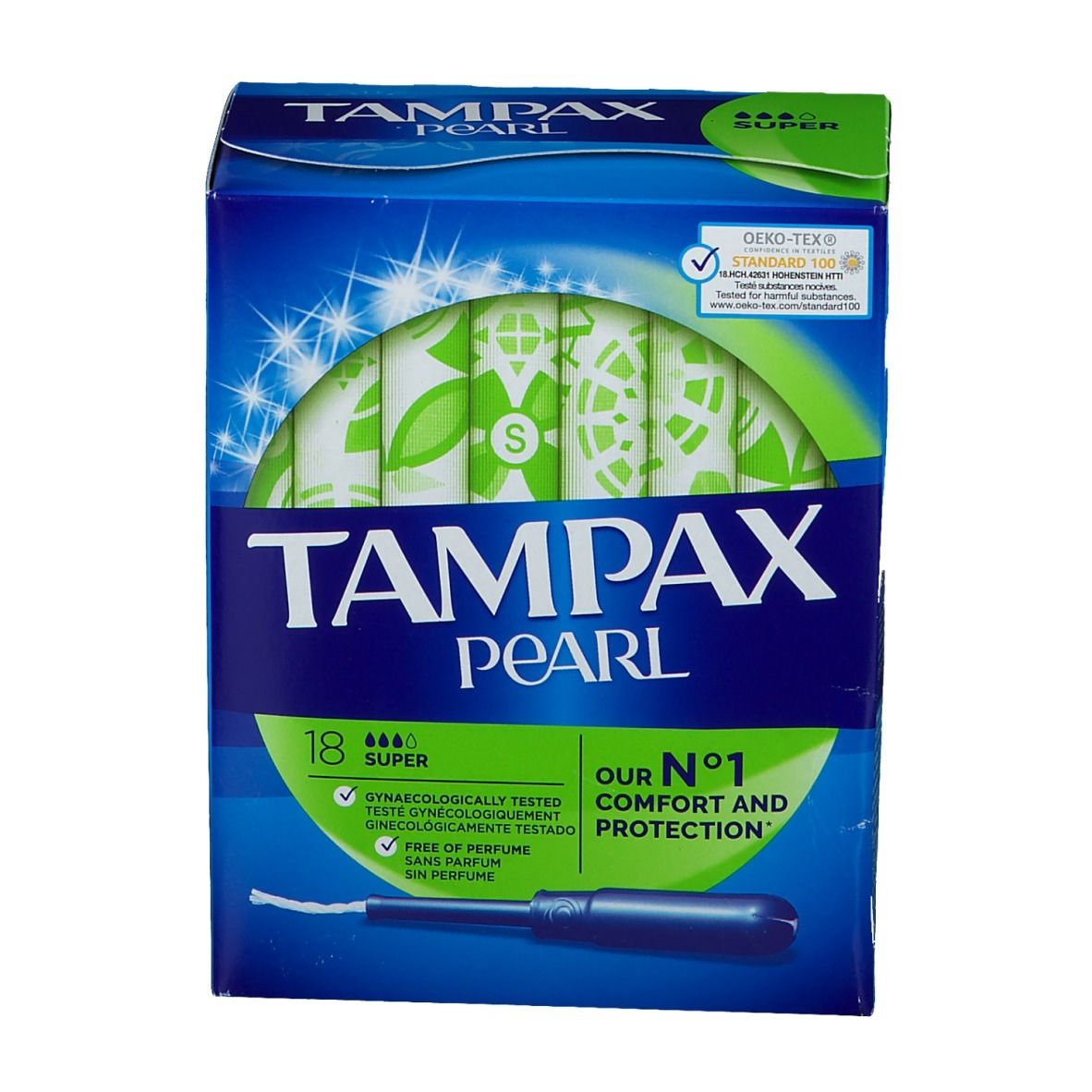 Boîte de tampons TAMPAX Pearl Super, 18 unités. Avec applicateur. Certifié Oeko-Tex Standard 100.