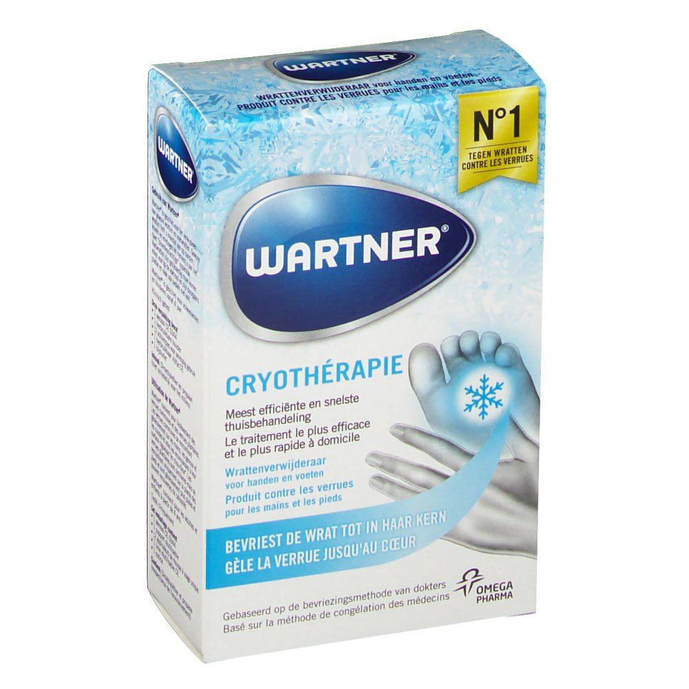 Boîte avec nom du produit et illustration pied et main. Texte: Cryothérapie, contre les verrues.