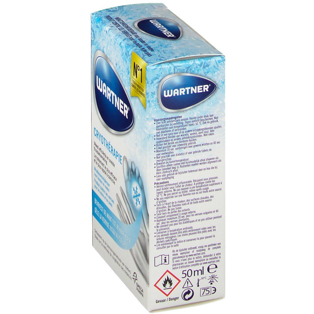 Emballage du produit, vue latérale. Texte: Wartner, Cryothérapie. Avertissements et informations sur le contenu.