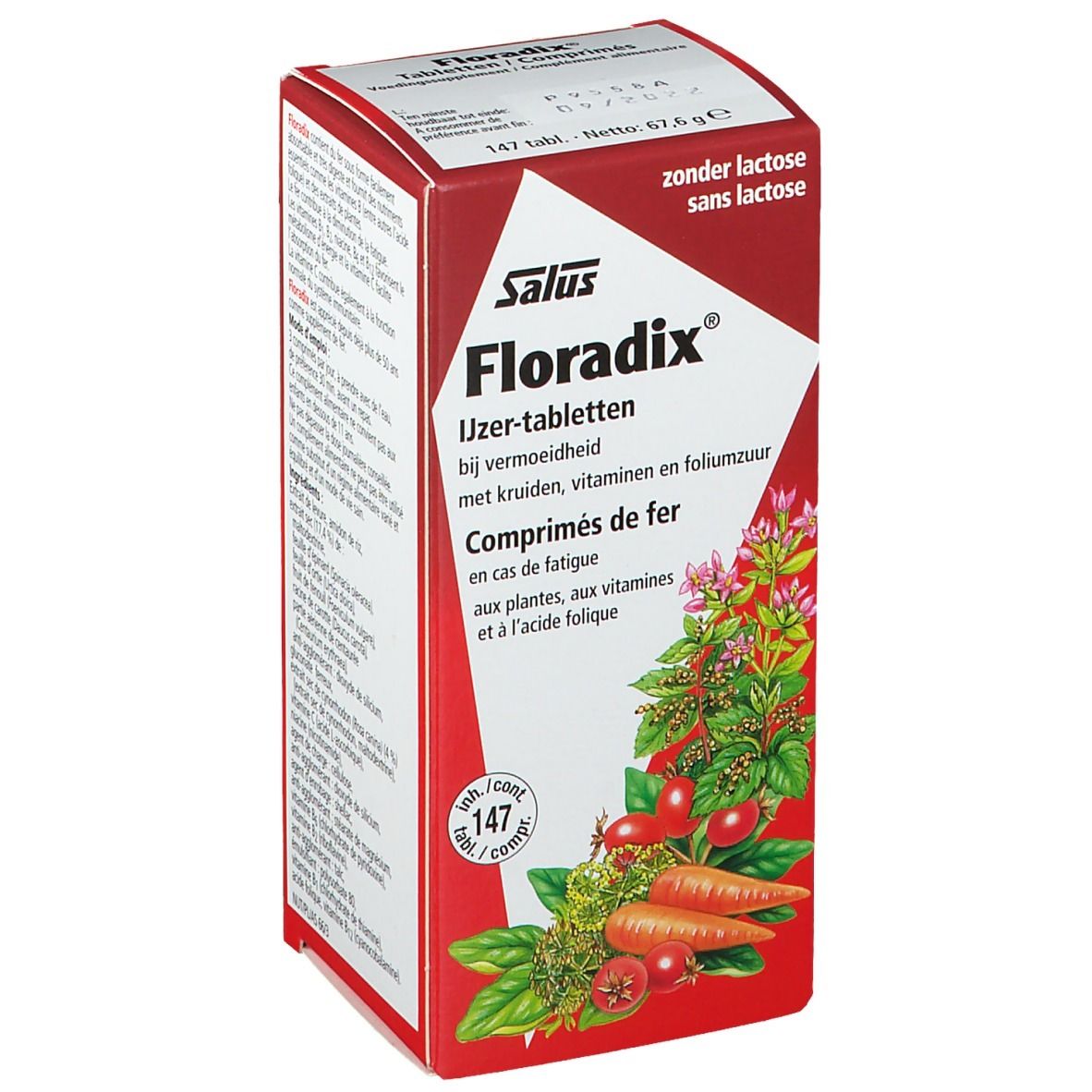 Boîte pliante rouge avec Floradix® comprimés. Inscription du nom du produit, herbes et légumes. Contient 147 comprimés.