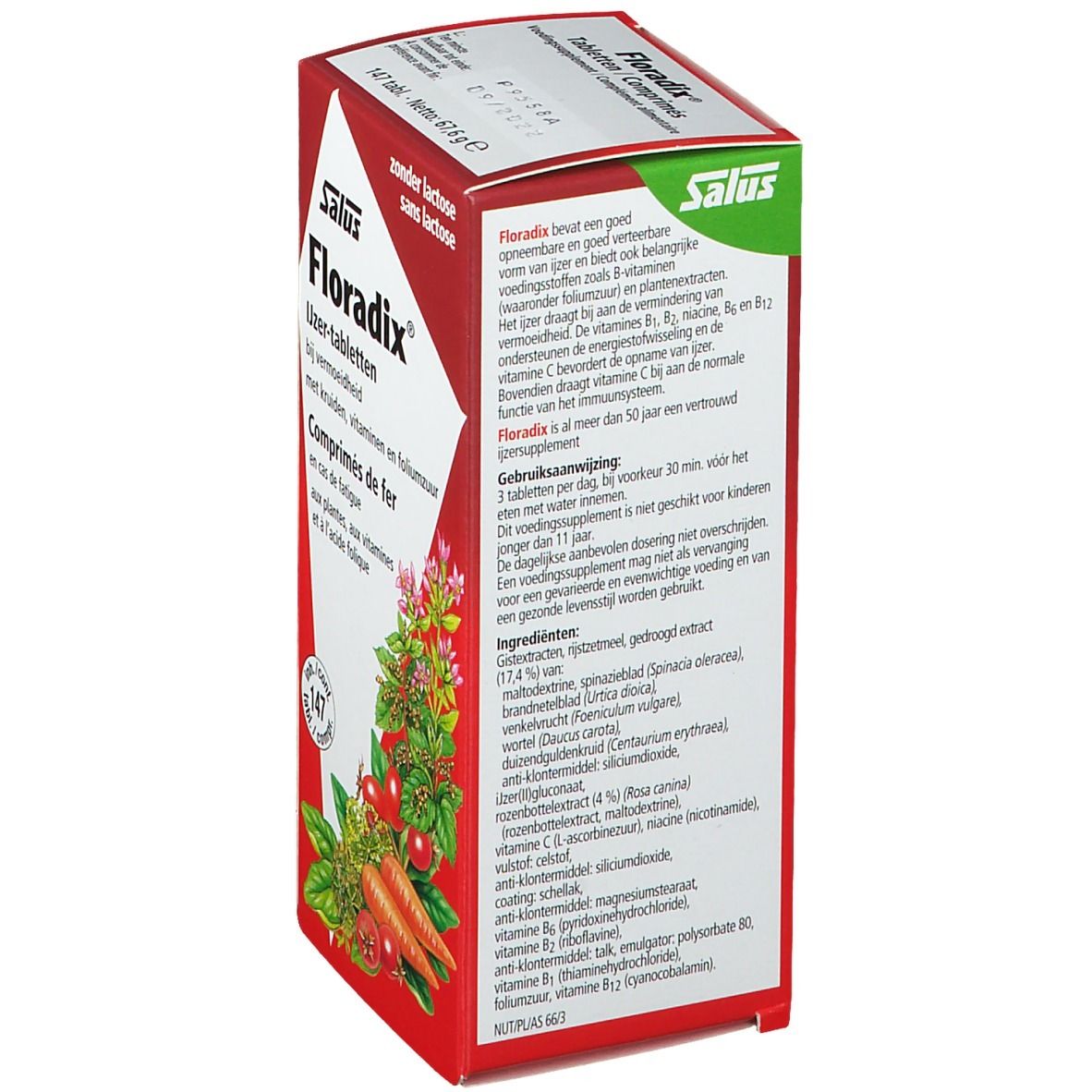 Dos de la boîte pliante rouge avec informations sur les comprimés Floradix®. Contient ingrédients et utilisation.