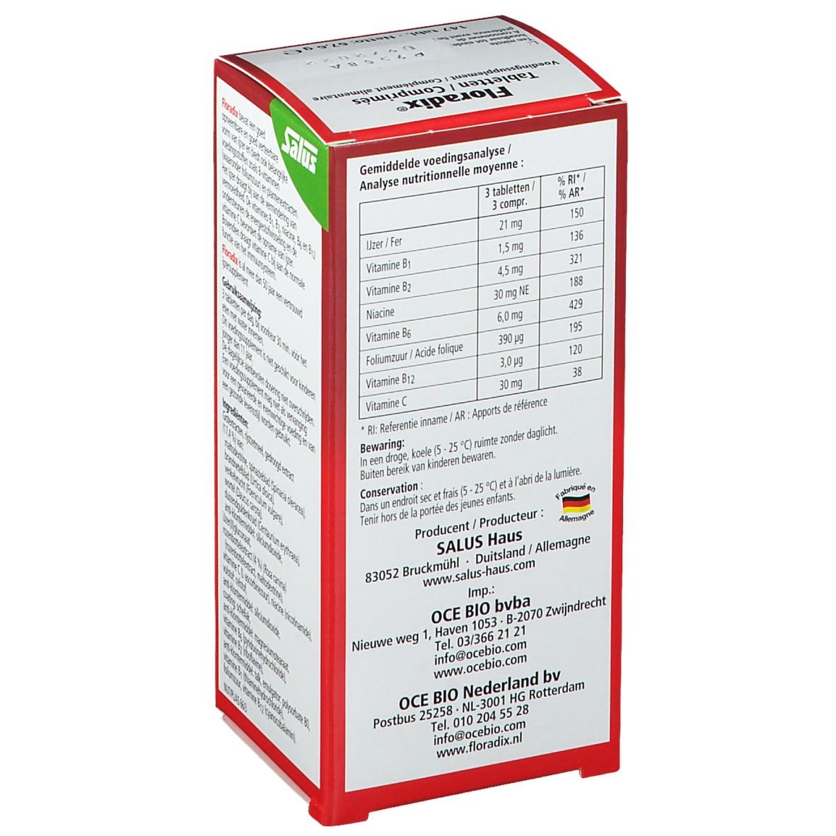 Dos de la boîte pliante rouge avec informations nutritionnelles et fabricant des comprimés Floradix®.