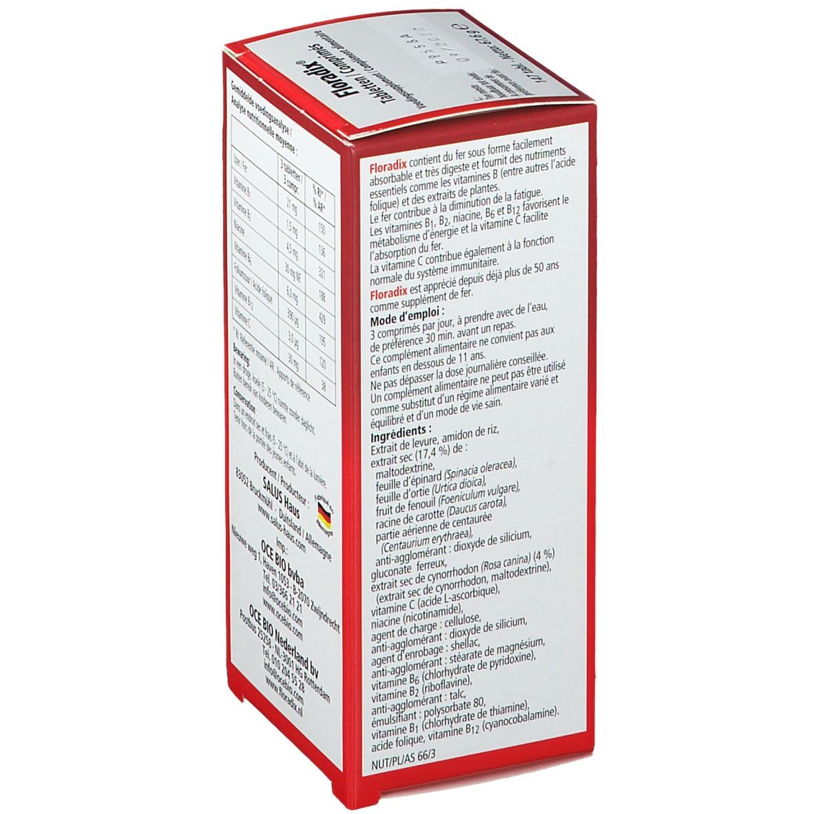 Dos de la boîte pliante rouge avec ingrédients et instructions d'utilisation des comprimés Floradix®.