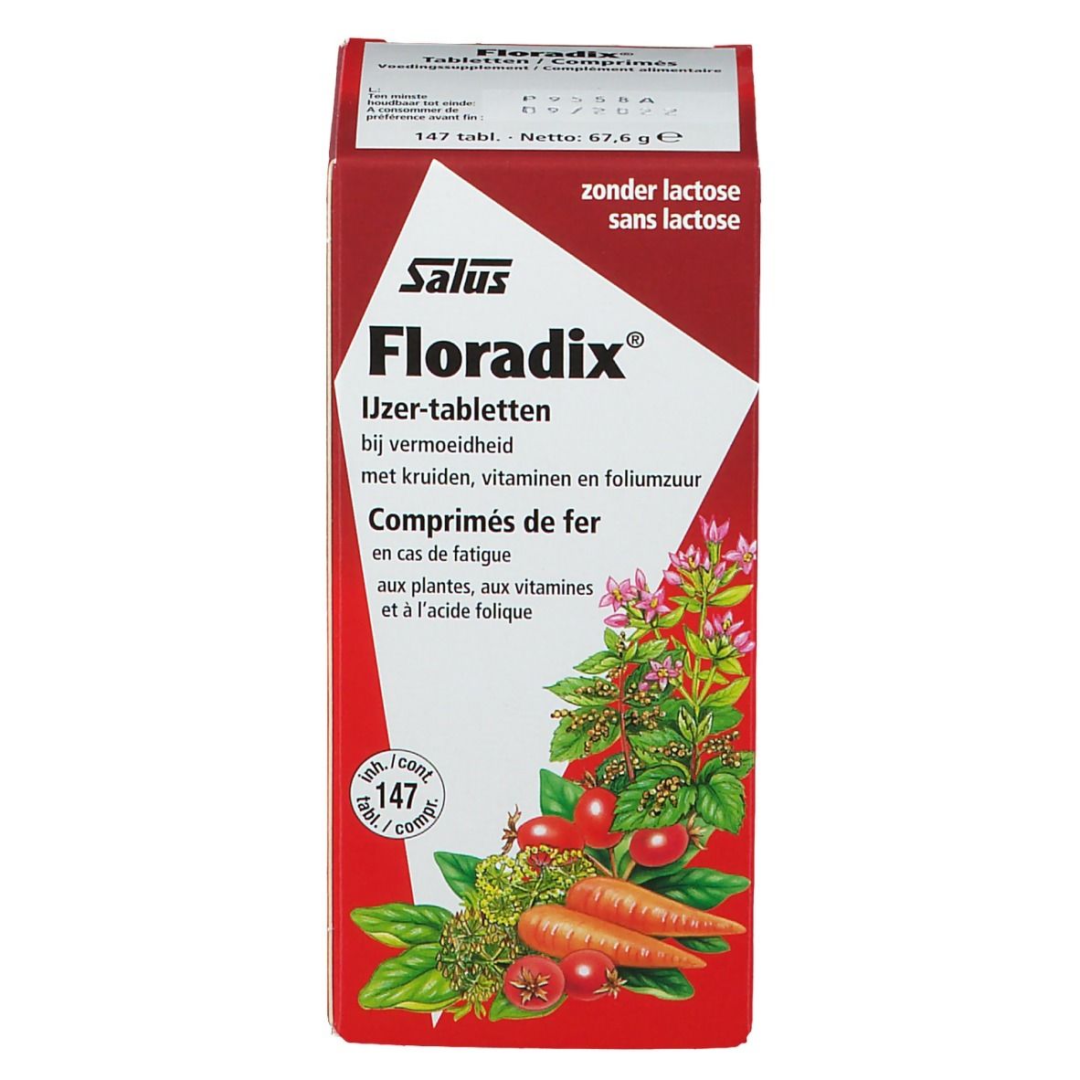 Boîte pliante rouge avec Floradix® comprimés. Inscription du nom du produit, herbes et légumes. Contient 147 comprimés.