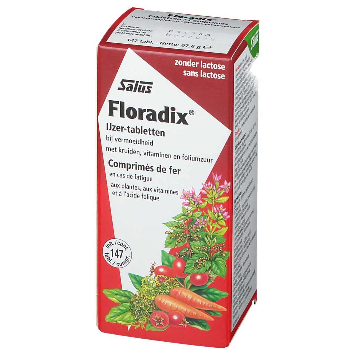 Boîte pliante rouge avec Floradix® comprimés. Inscription du nom du produit, herbes et légumes. Contient 147 comprimés.
